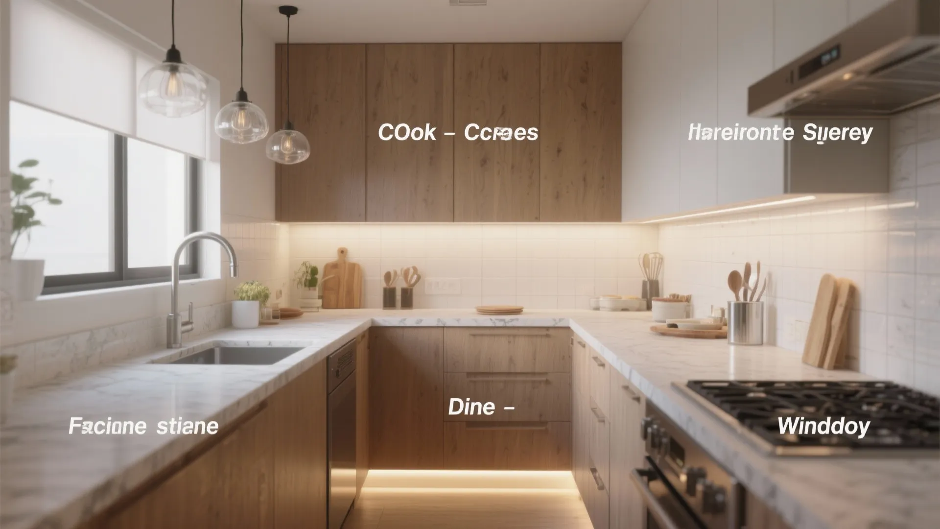 Compact kitchen showing task under-cabinet lights, ambient pendants, and toe-kick accent glow.