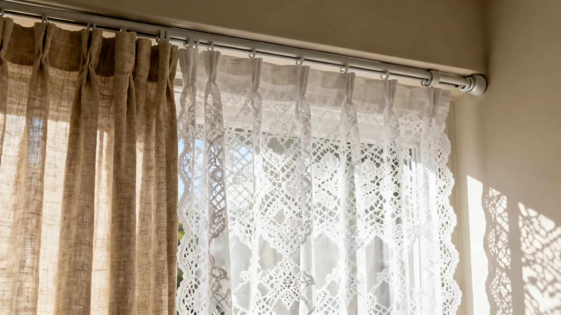 Layered white lace curtain over a linen drape with dual-track rod and soft daylight.