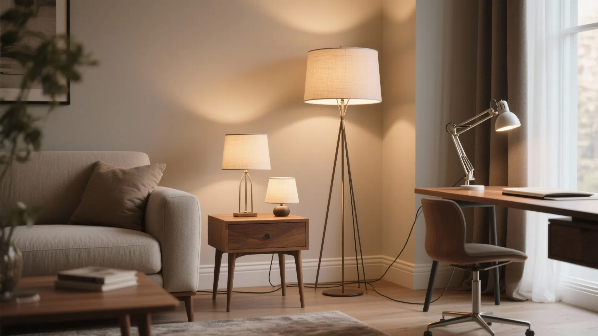 1. Layered lamps: floor, table, and task