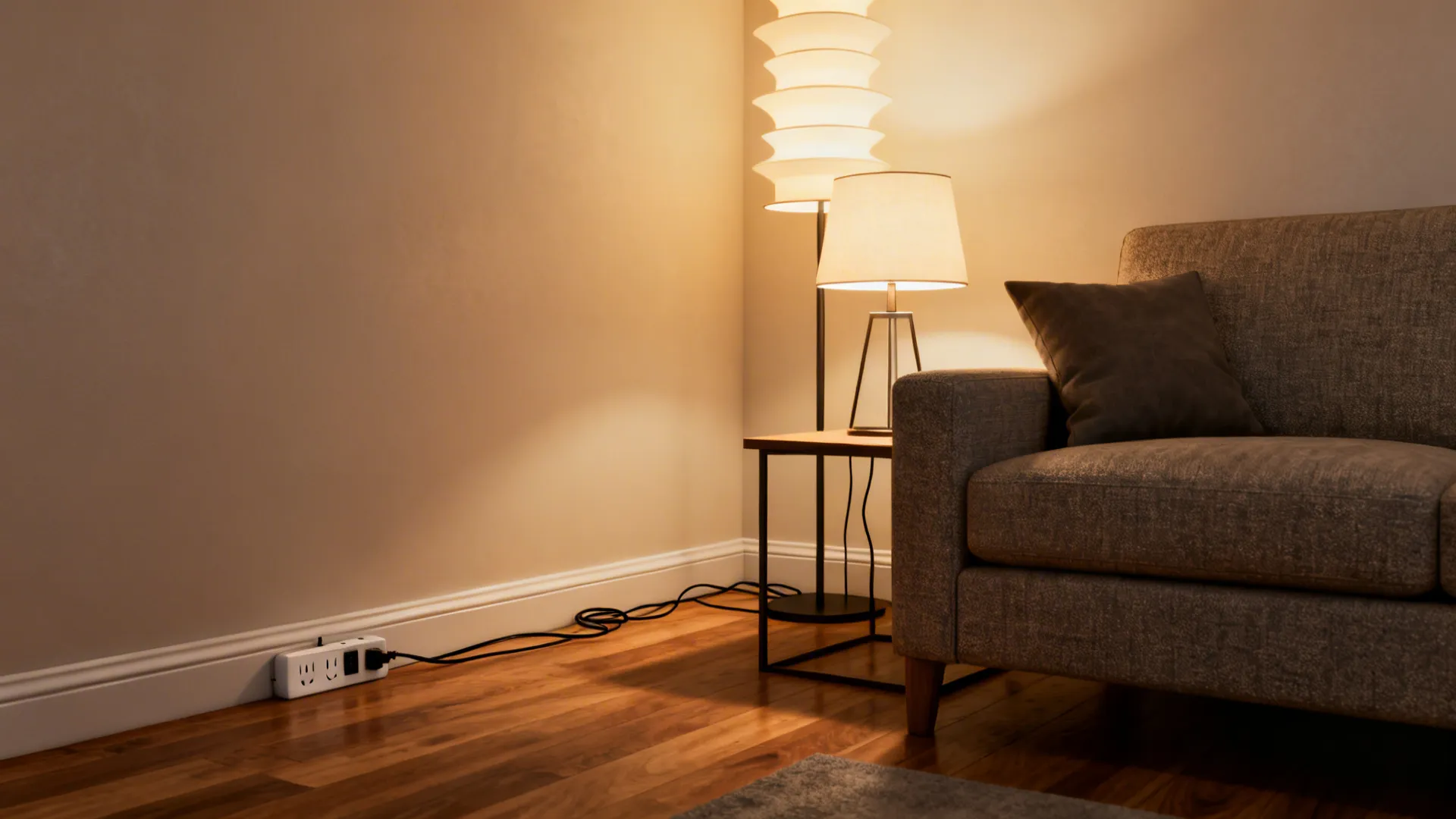 Living room corner with grey sofa side table floor lamp and power strip on wood floor