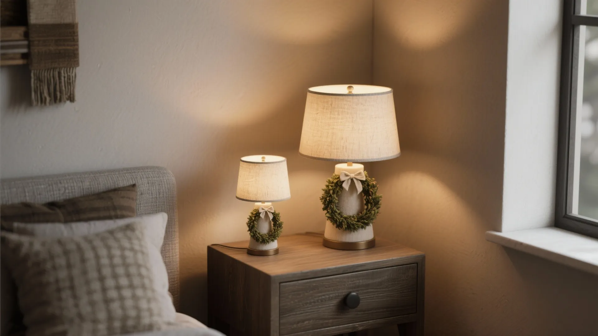 5. Layered Table Lamps with Mini Wreath Shades