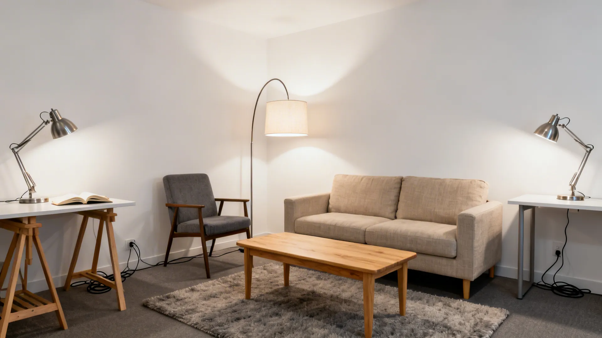Arc floor lamp and two table lamps create ambient and task lighting zones in a small living room.