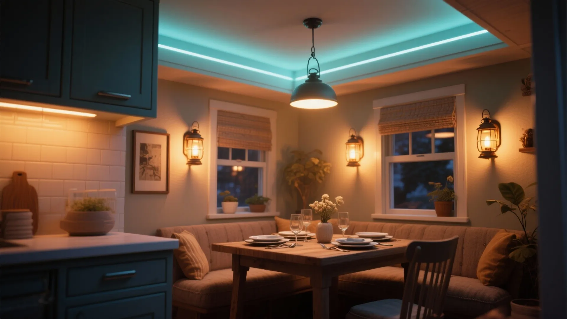 5. Layered lighting with dimmable lantern sconces