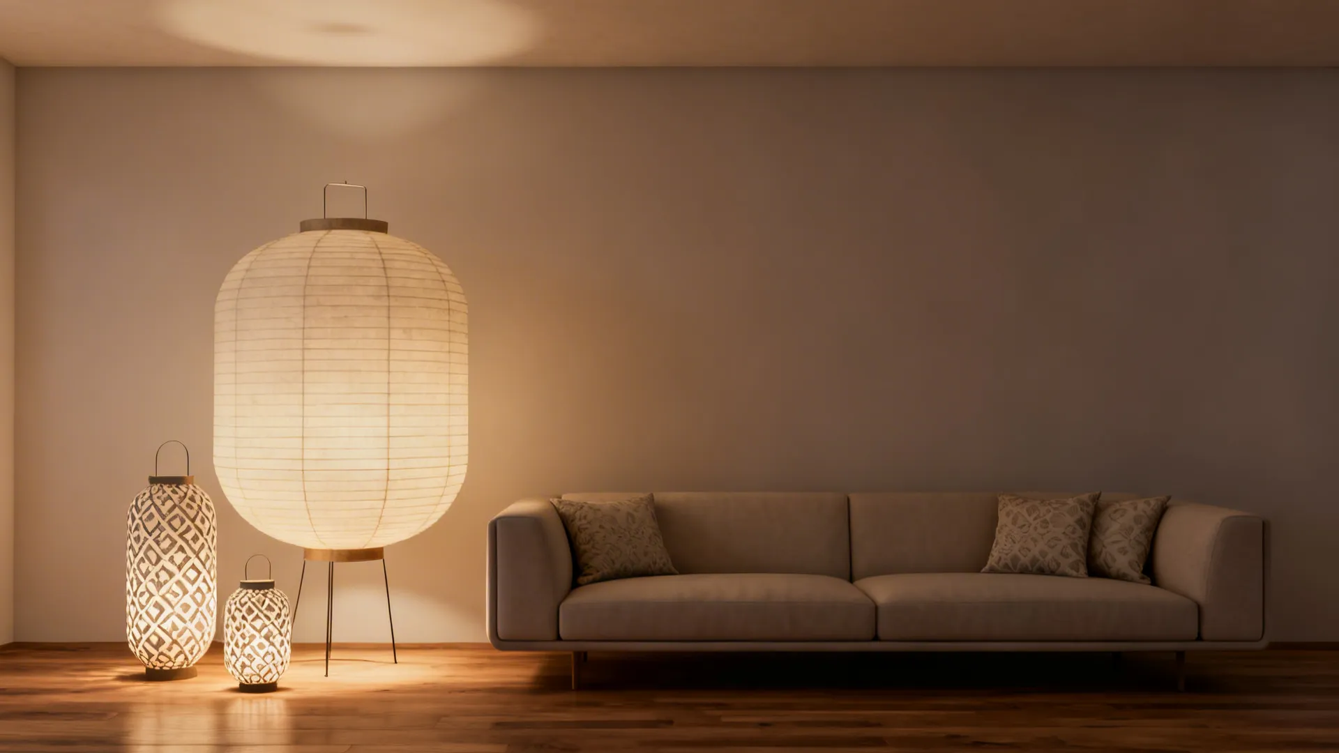 Low-ceiling living room with one large neutral lantern and two smaller patterned lanterns at staggered heights above a sofa.