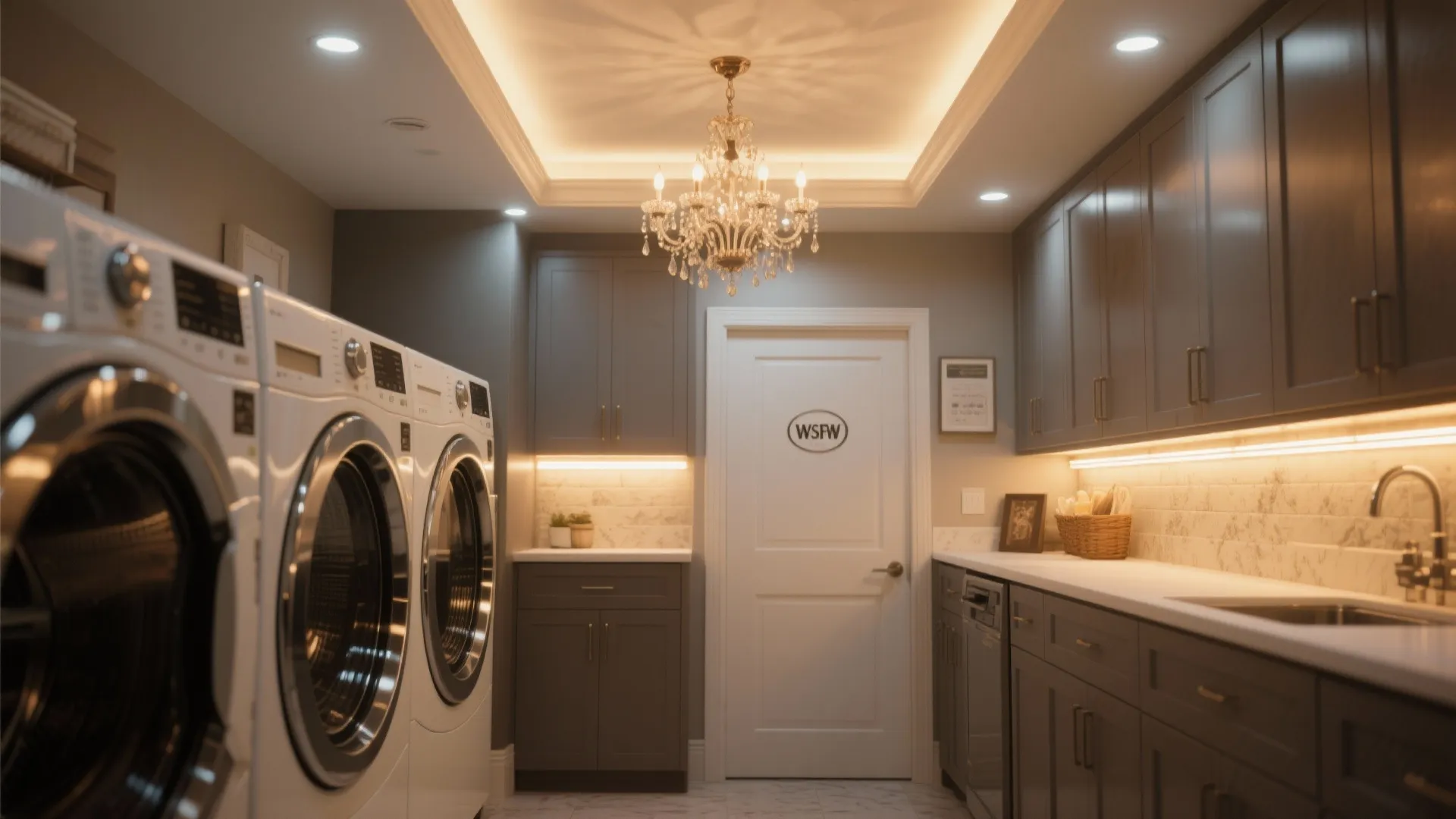 Modern laundry room with washing machines grey cabinets marble backsplash and decorative bright warm ceiling light