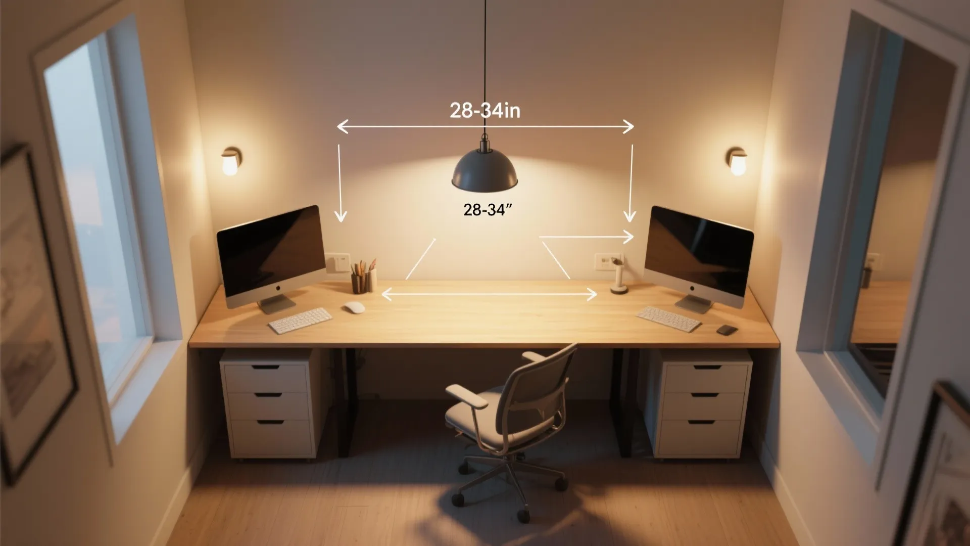 Interior design drawing showing recommended distance measurements for hanging a ceiling light over a desk
