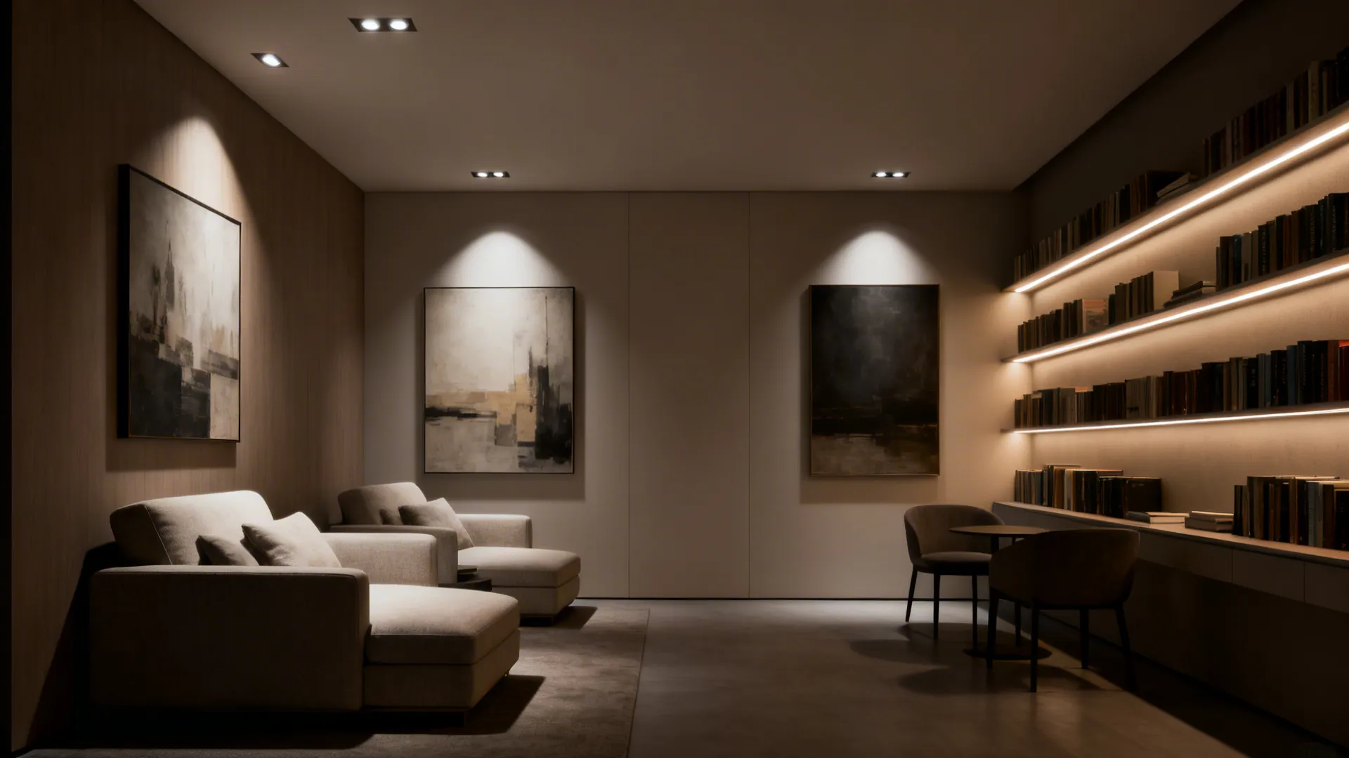 Living room with dimmable recessed downlights and accent LEDs highlighting artwork and shelves.