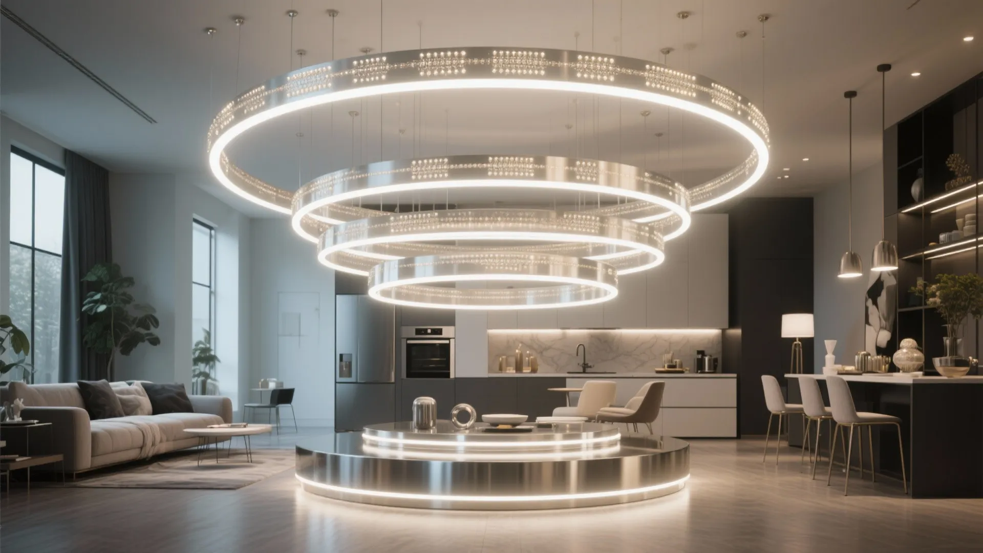 Modern kitchen and living room featuring large circular layered ceiling lights and grey fabric sofa