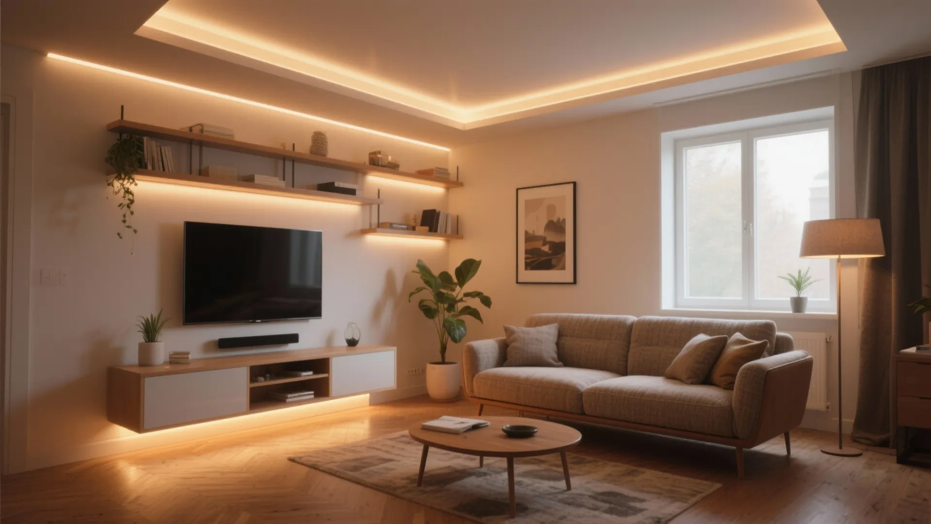 Living room with warm ceiling lights wood TV cabinet grey sofa and a round coffee table