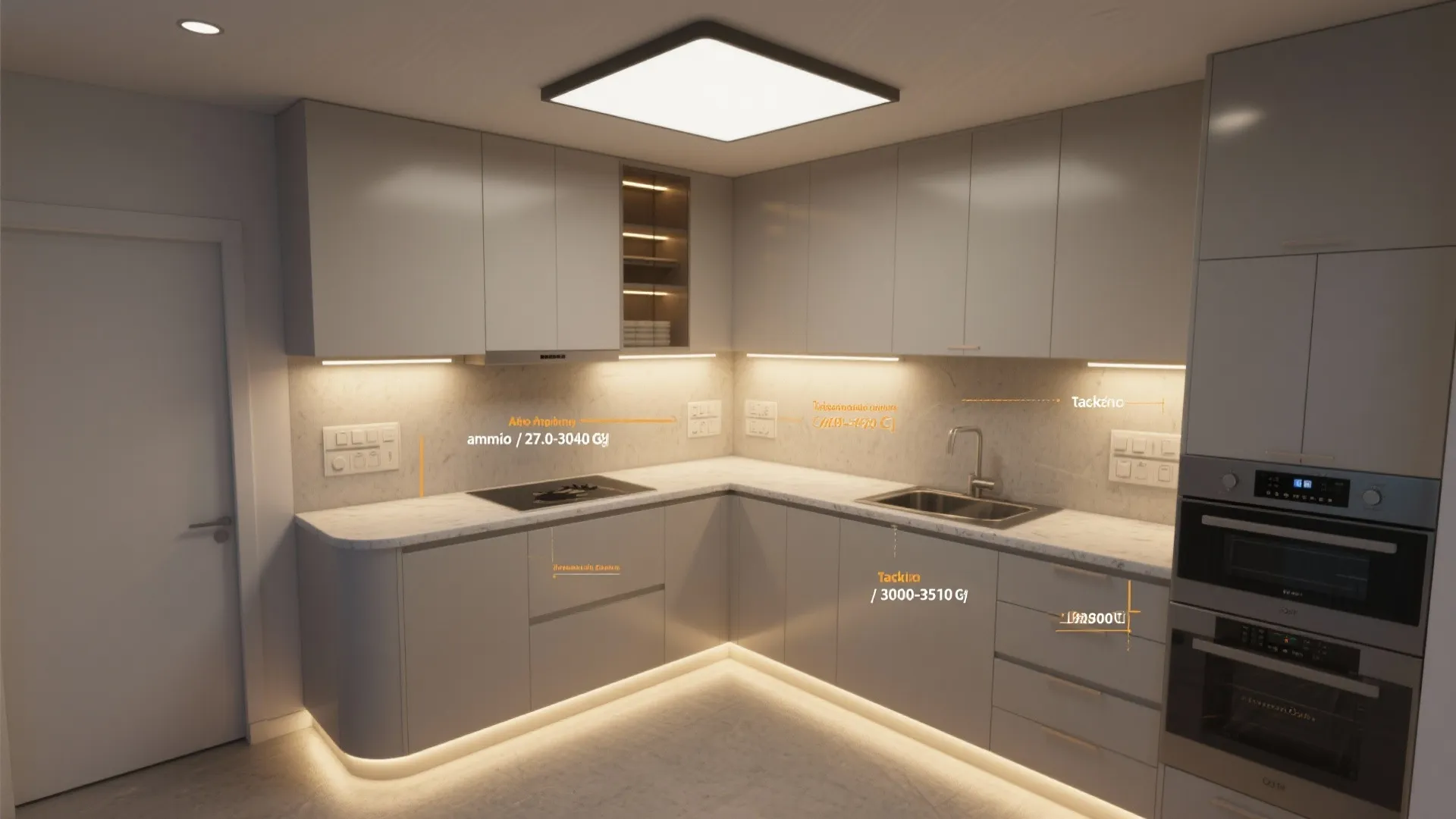 Modern kitchen with grey cabinets marble countertop ceiling light and warm led light fixture strips
