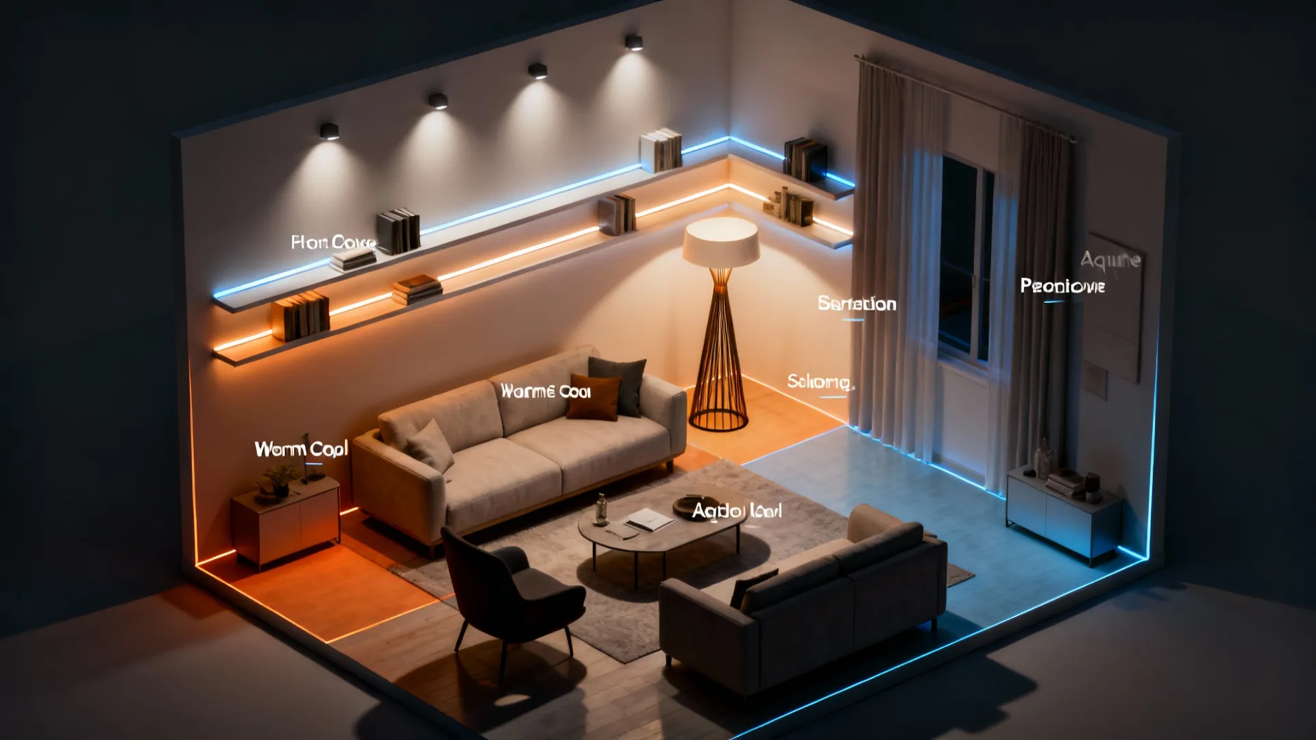 Top-down view of layered lighting plan with recessed downlights and accent strips in a small living room.