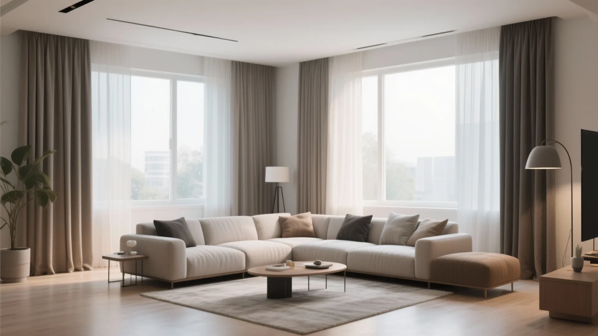 Modern bright living room with large beige sectional sofa and matching floor to ceiling curtain