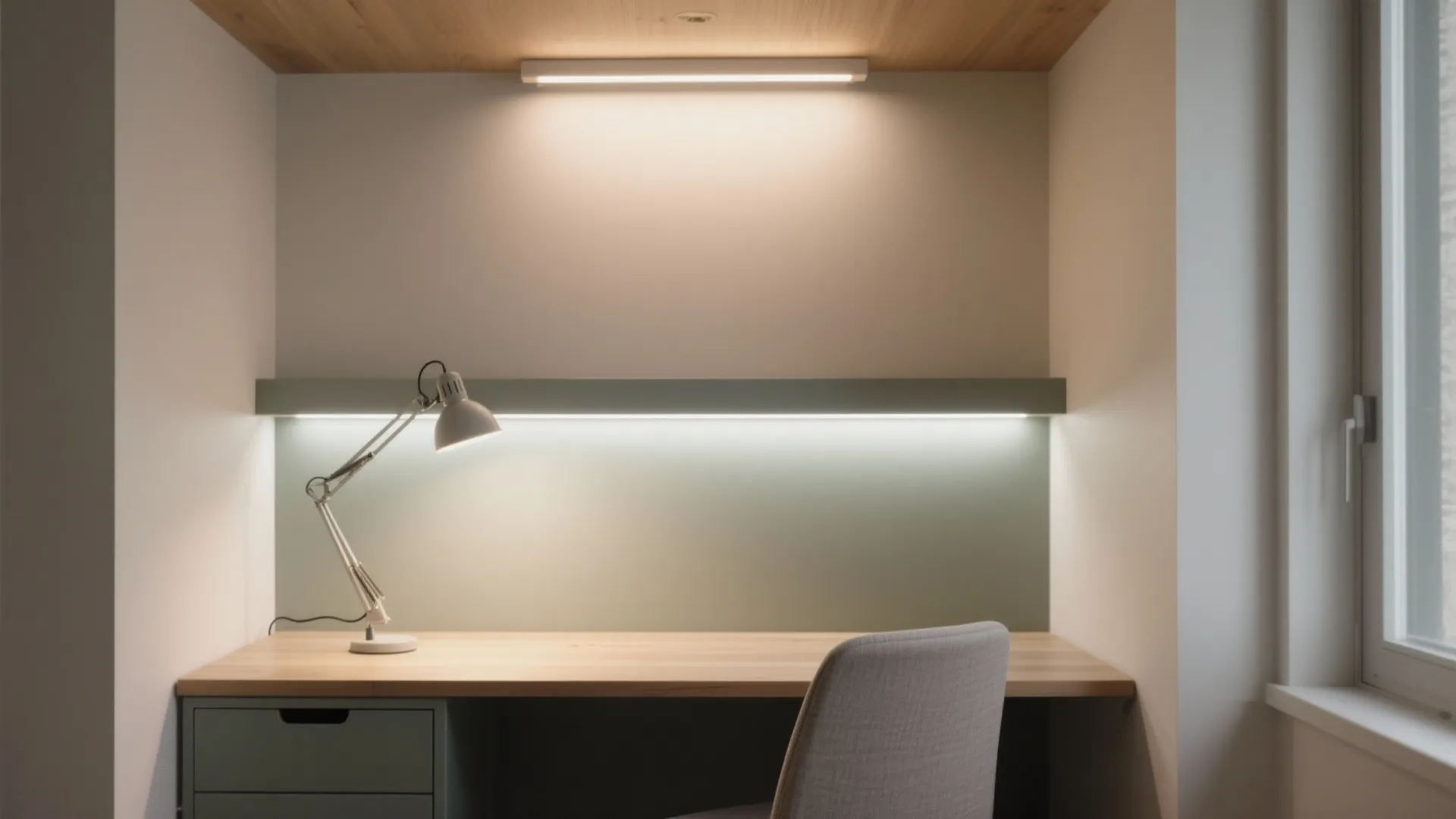 Modern wooden desk with grey chair featuring warm ceiling light and a white desk lamp