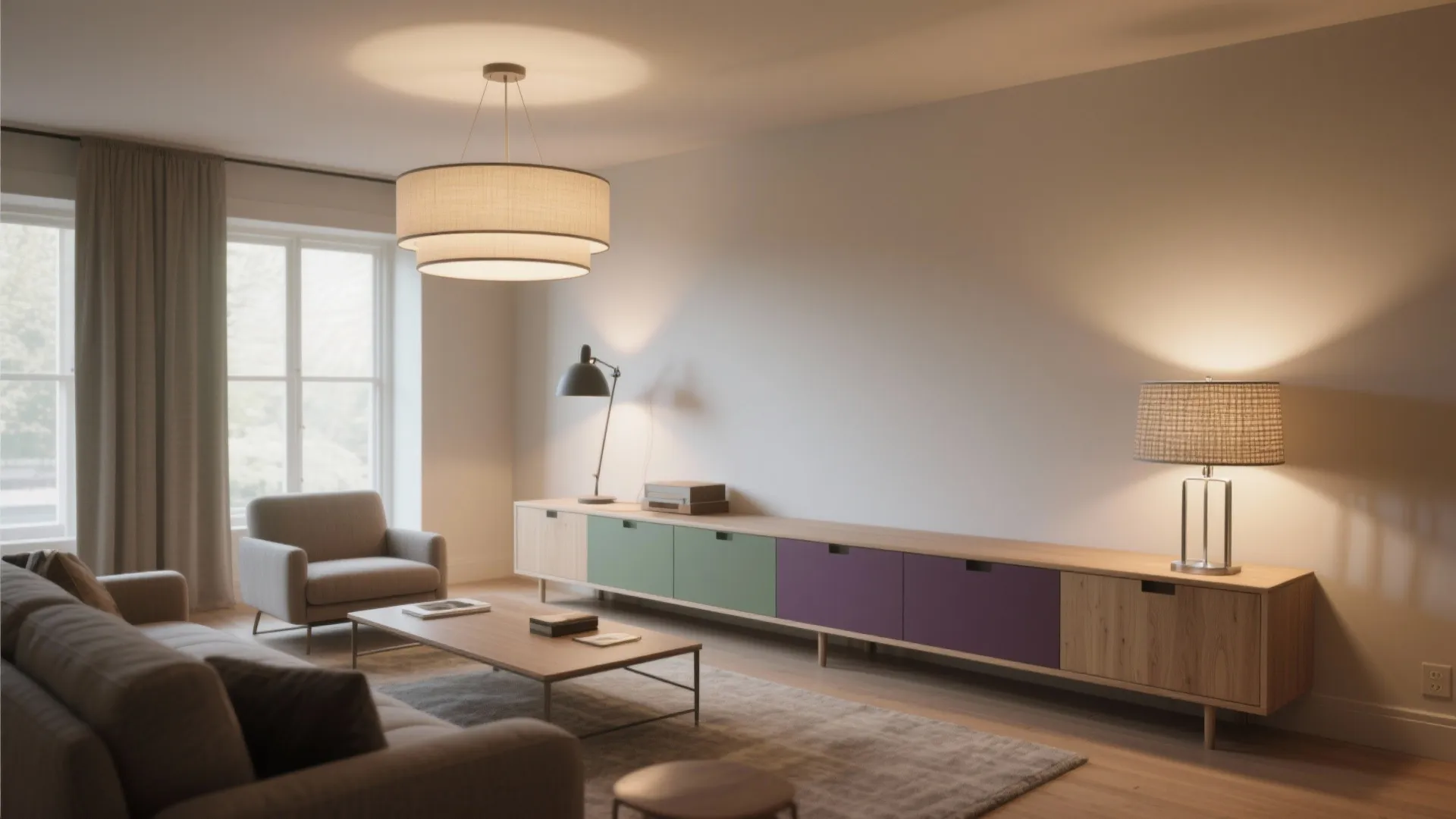 Idea 5: Layered lighting and a low storage wall