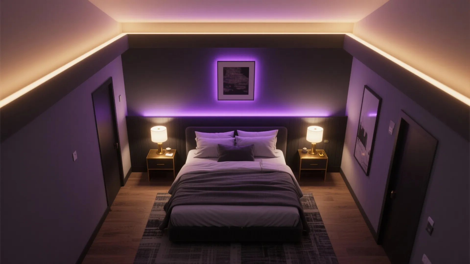 Bedroom with purple hidden light fixture above bed table lamps and dark wood floor layout