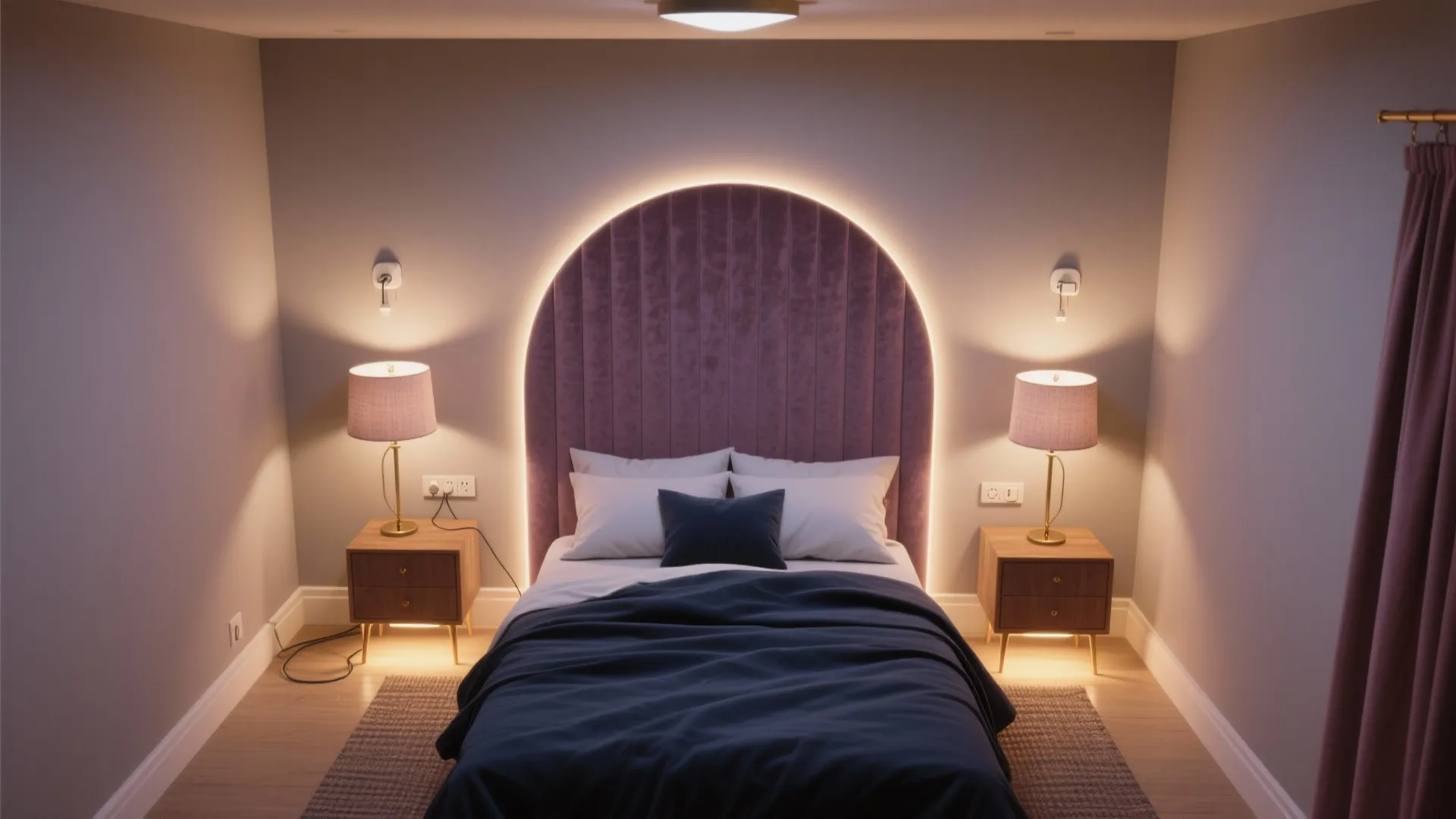 Modern bedroom with purple arched headboard, bedside tables, table lamps, and warm glowing wall lights