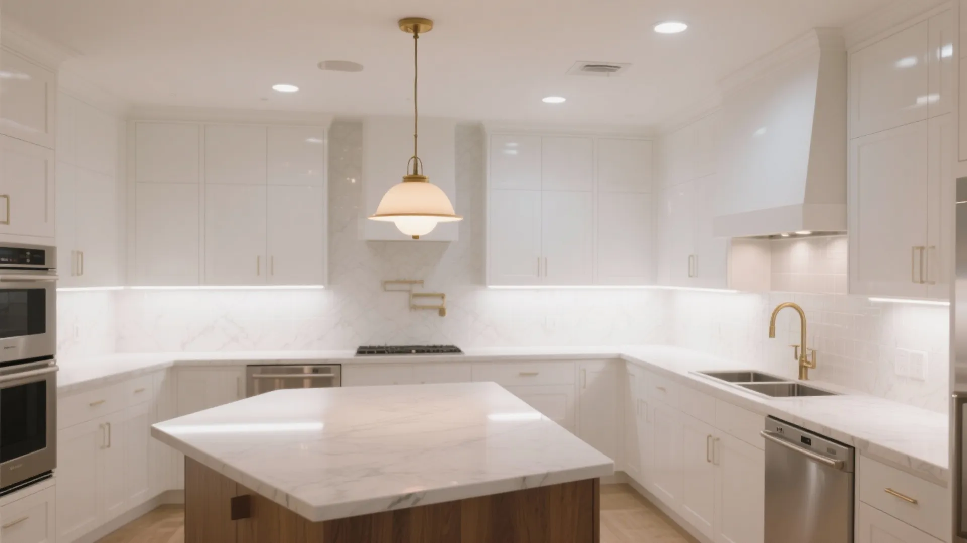 White kitchen with marble island one ceiling light gold faucet and warm lights under cabinets