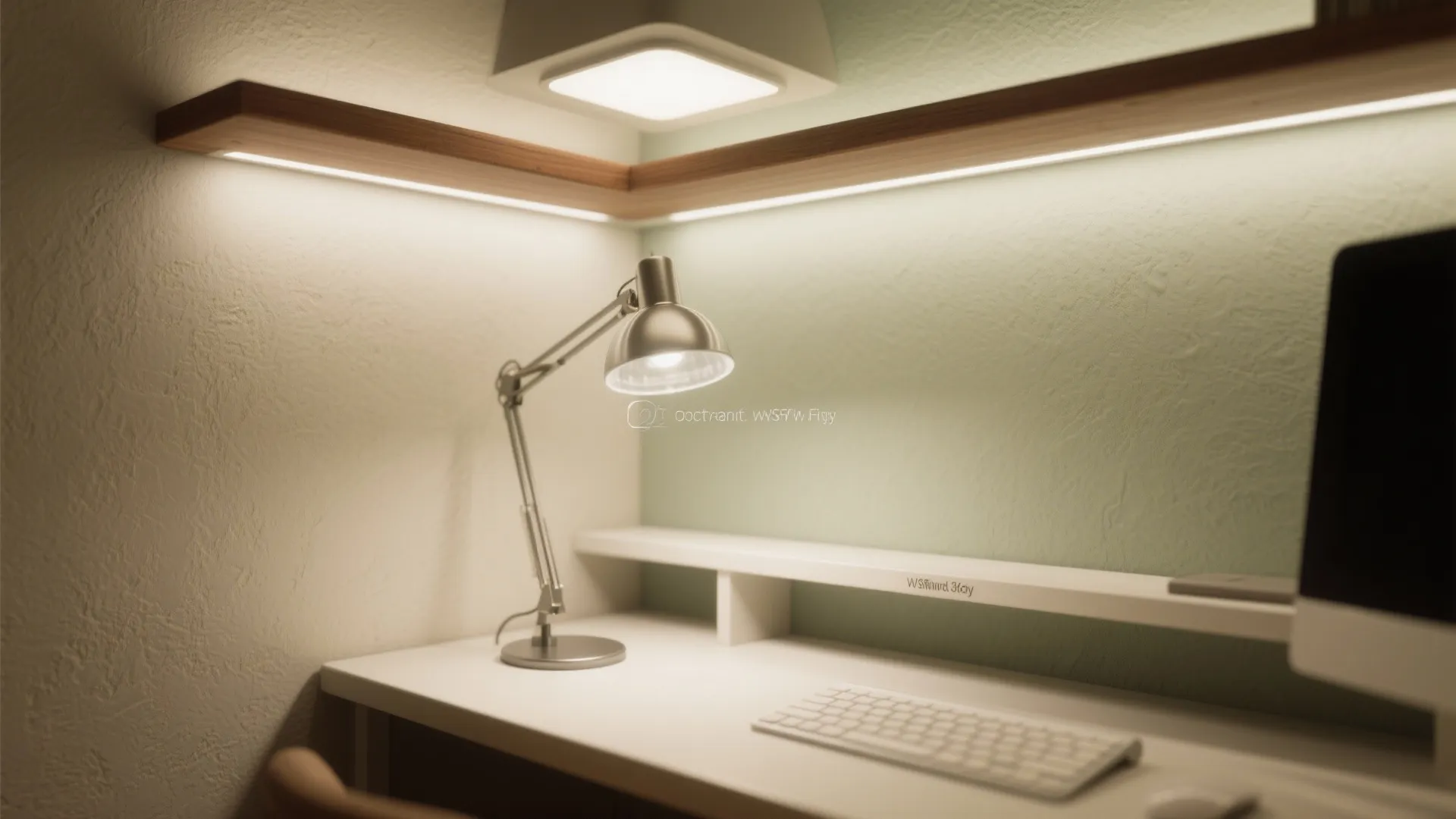 Modern white desk with a silver desk lamp keyboard and warm light under wooden shelves