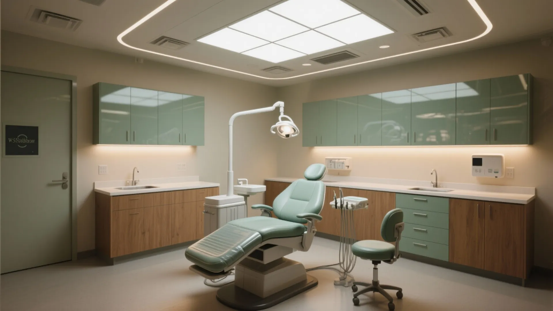 Dental office room layout with green chair wooden cabinet and bright square white ceiling light