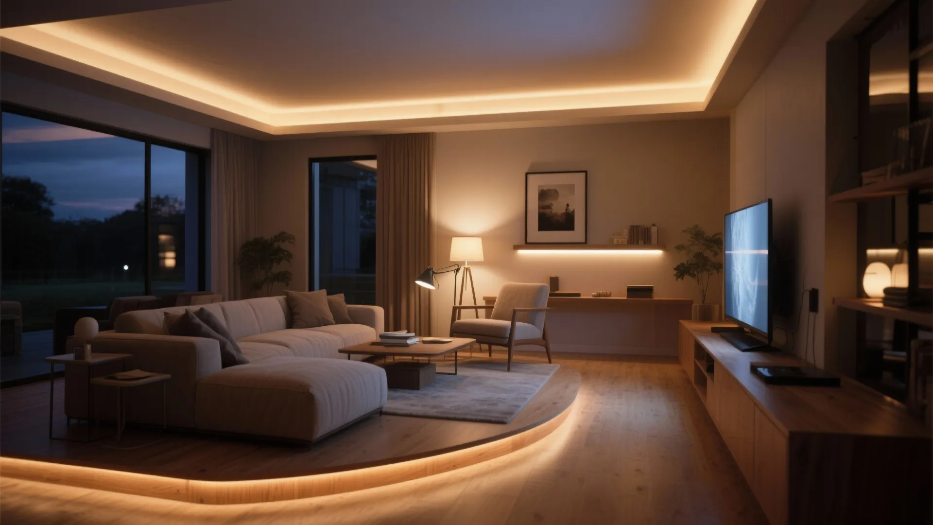 Living room interior design drawing showing warm ceiling light fixtures and hidden led strip lighting