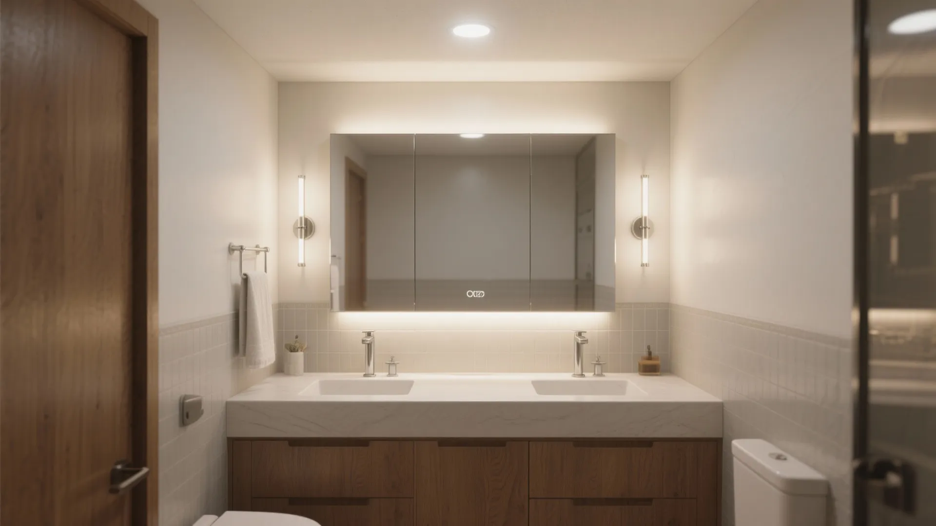 Modern bathroom with double sink wooden cabinet large lighted mirror wall lights and white toilet