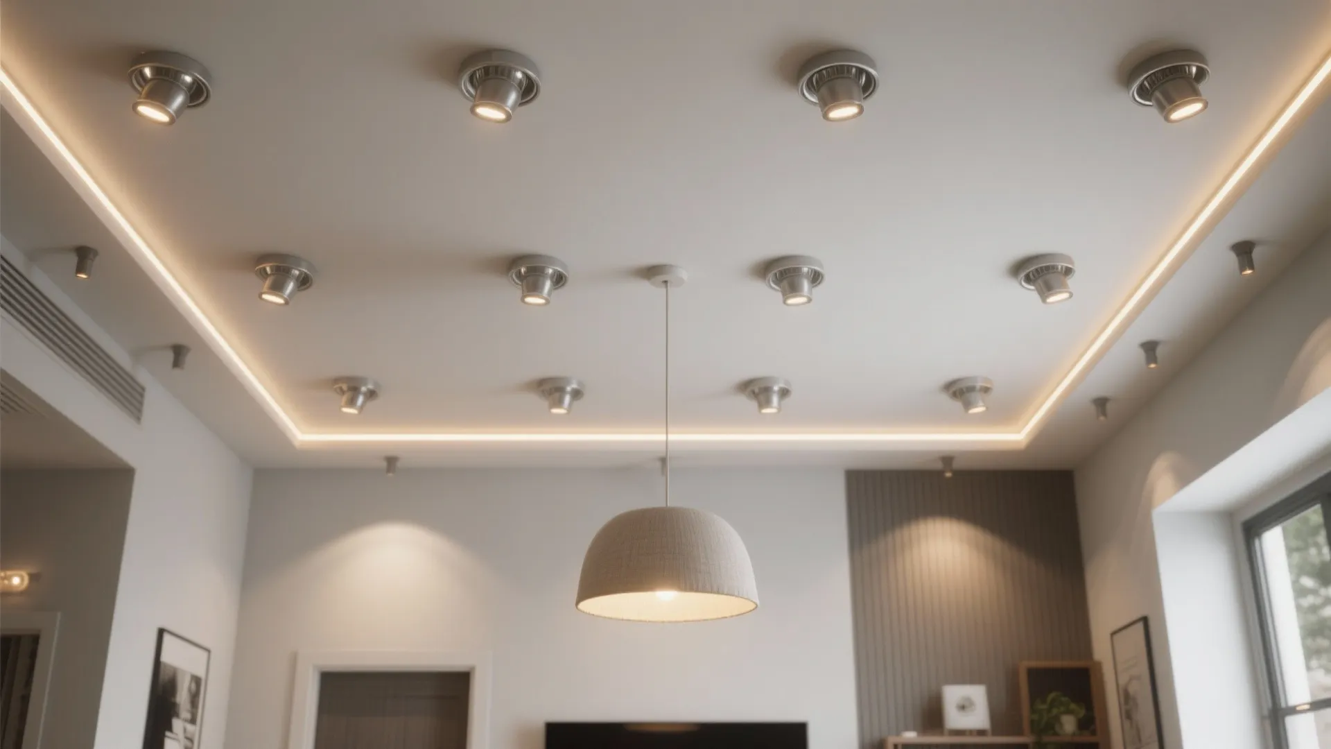Modern ceiling with multiple small spotlights a hanging ceiling light and bright white strip lighting