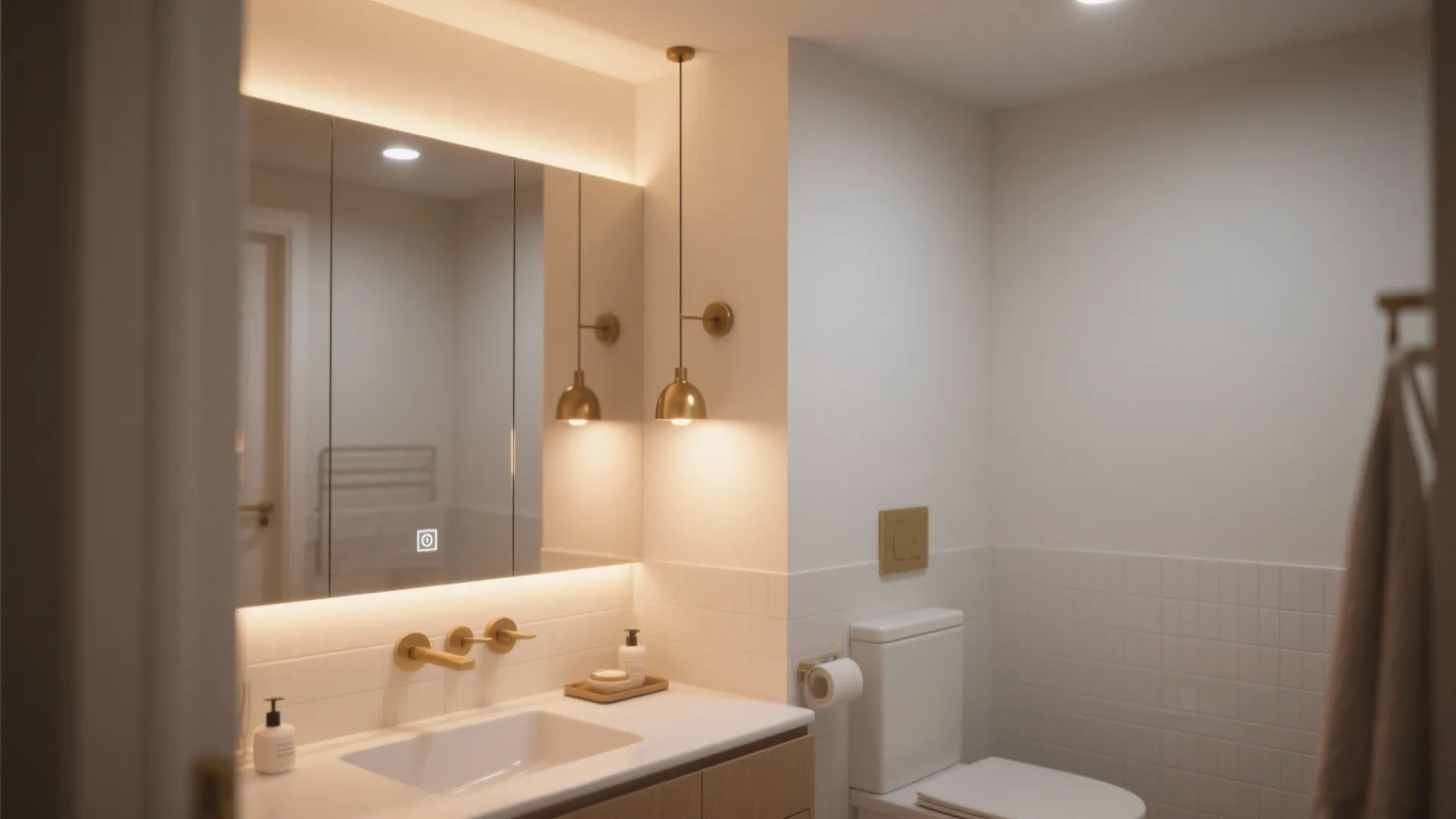 Modern bathroom with glowing mirror light gold wall light white sink toilet and wooden cabinet