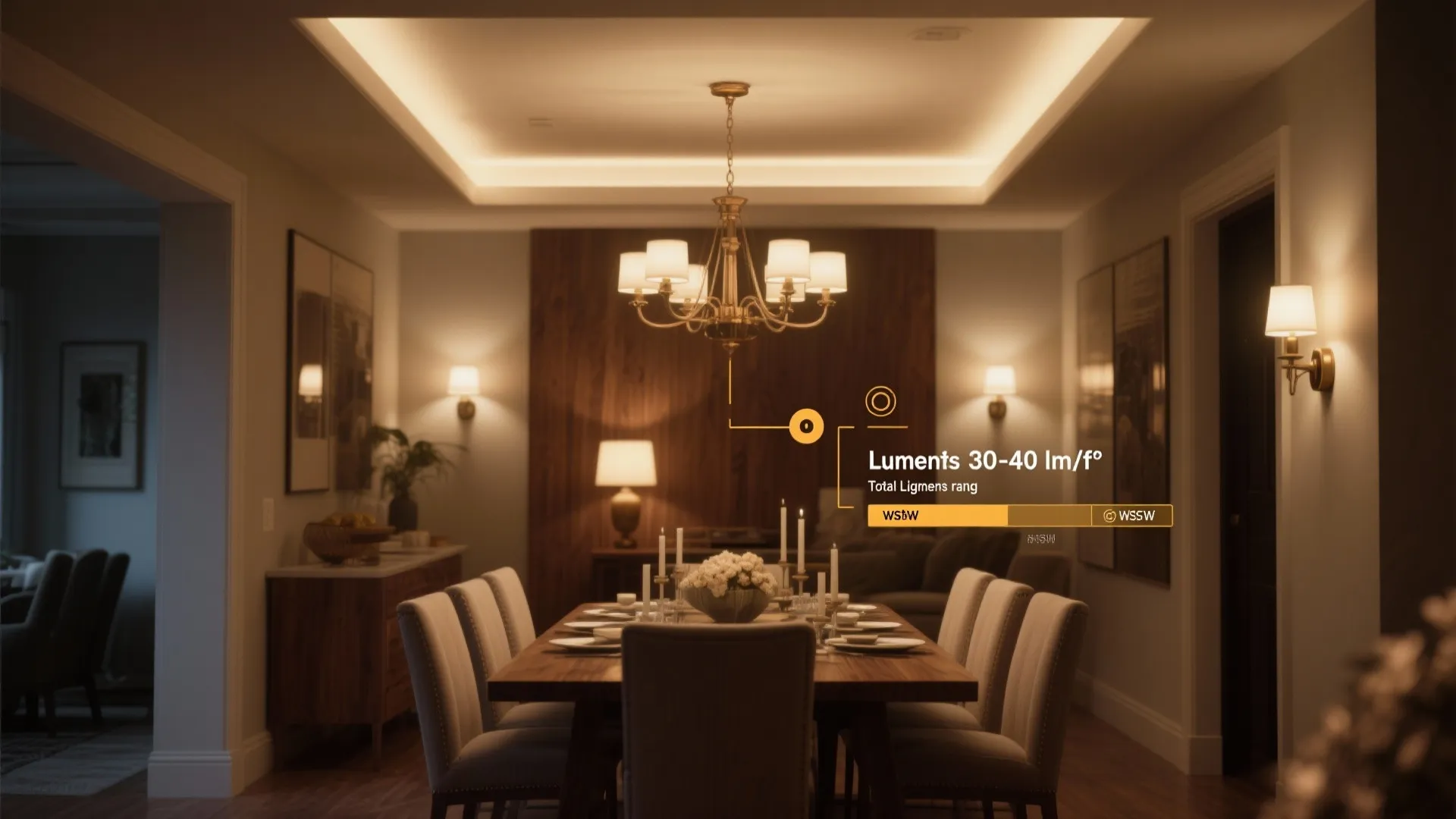 Dining room with ceiling light and wall lights showing brightness levels for interior lighting design