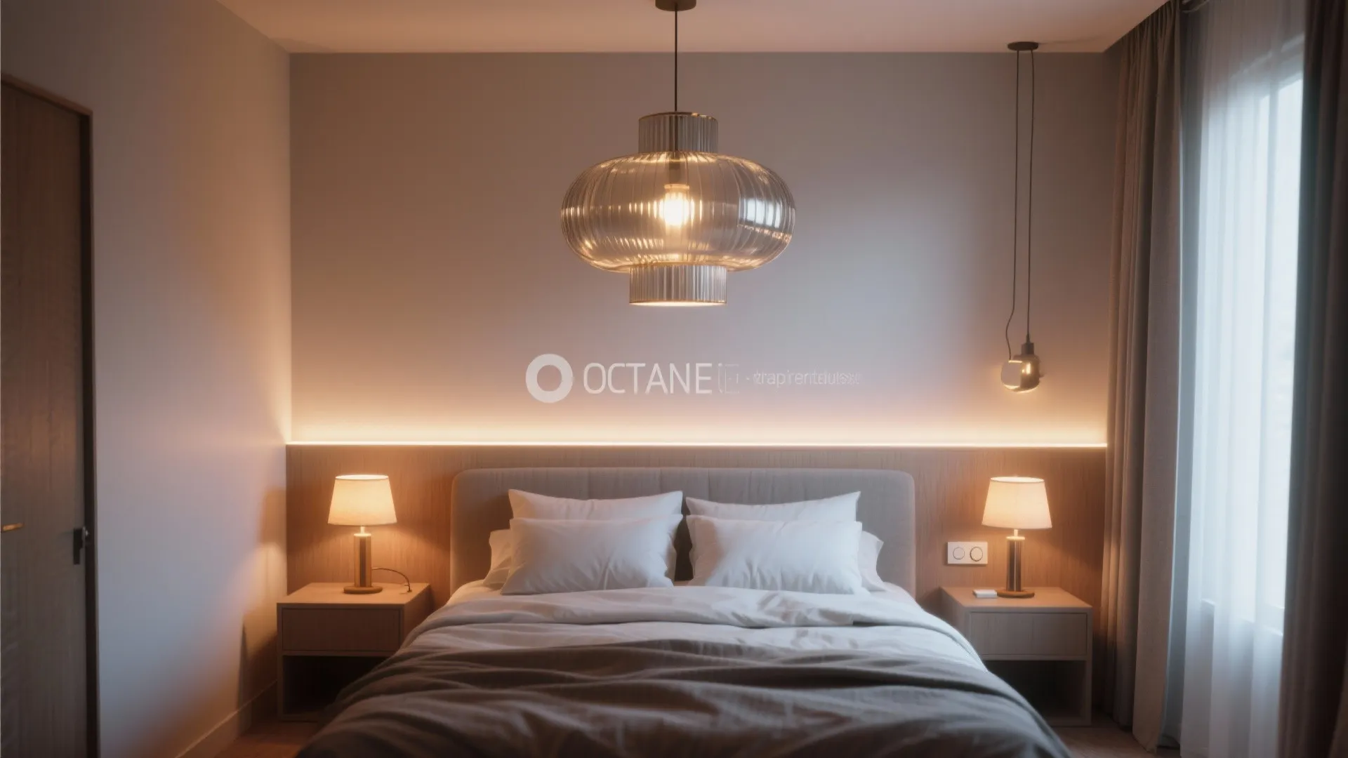 Modern bedroom with glass ceiling light two table lamps soft wall lighting and grey bed