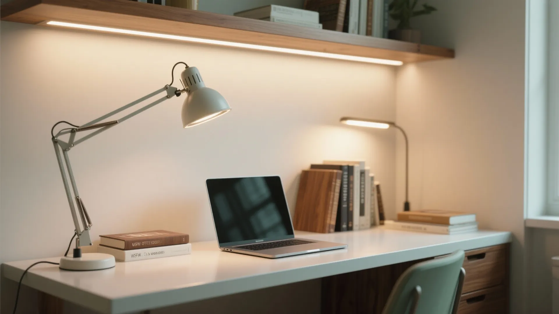 Study desk with ambient glow, focused task lamp, and soft accent lighting to reduce glare.