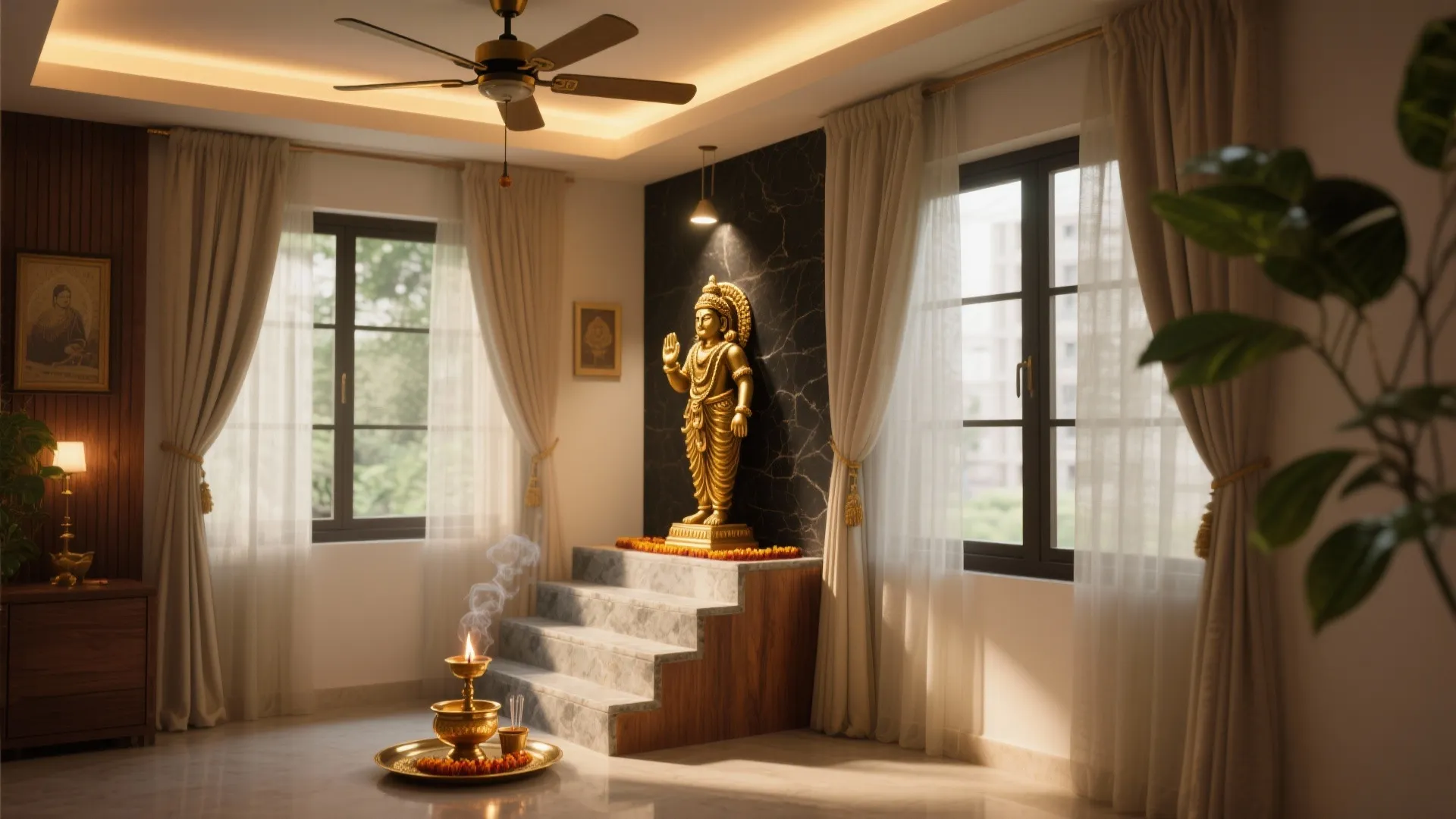 Interior room with gold statue on marble steps plus ceiling fan and white window curtains