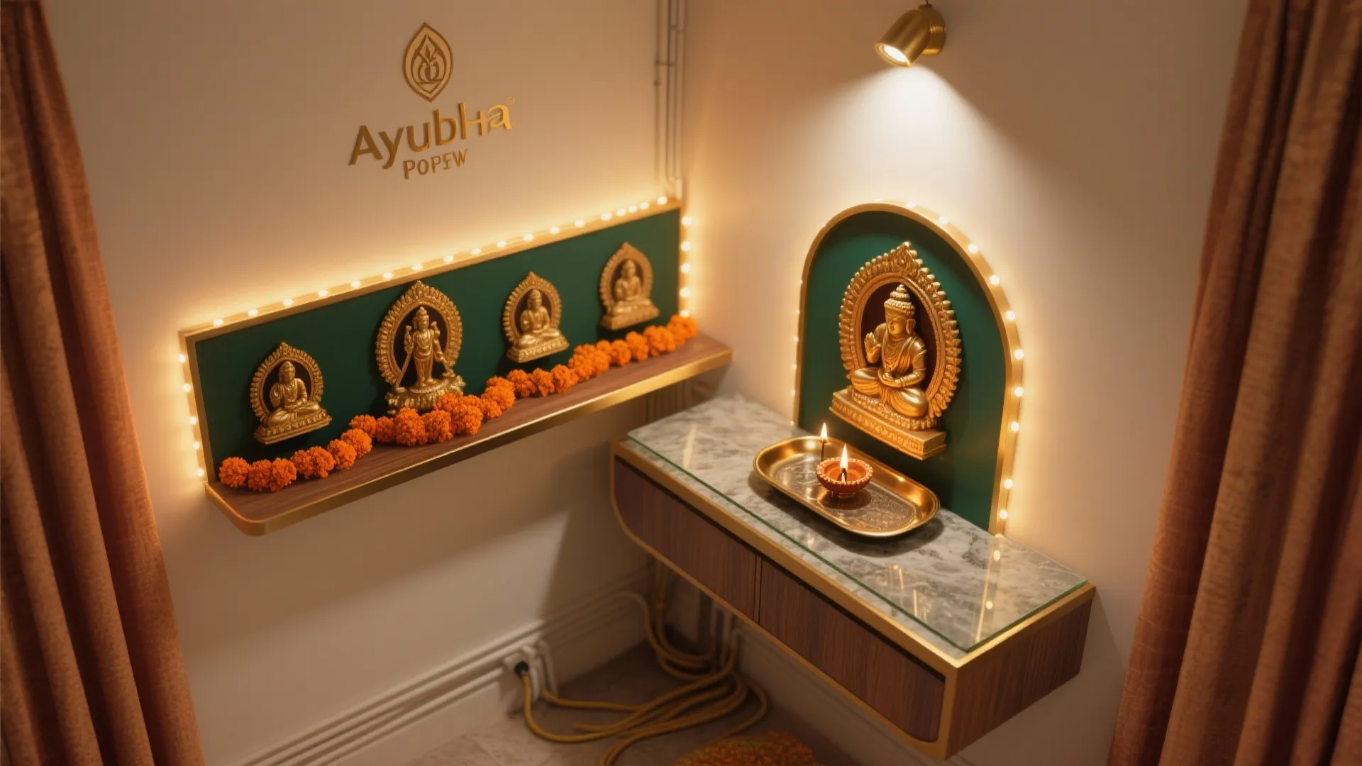 Small gold statues on green wall panels with orange flower garlands and a marble cabinet