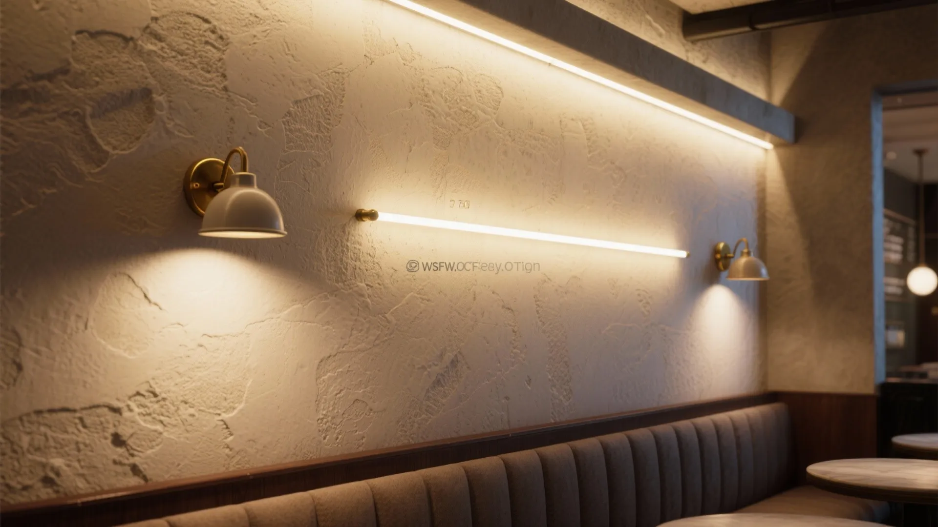 Textured wall with warm wall light fixtures and linear light strips above a long sofa