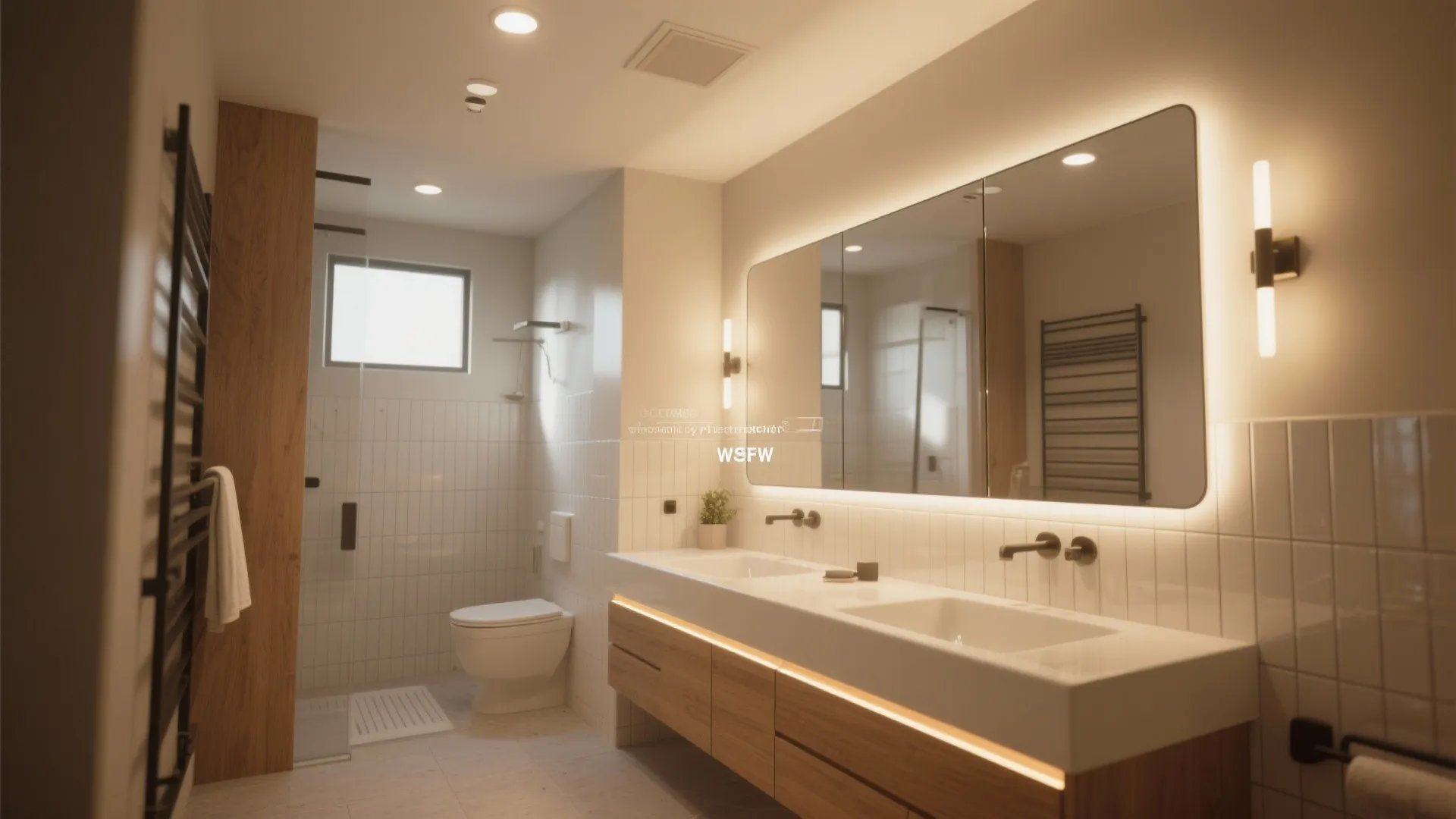 Modern bathroom with double sink wooden cabinet large glowing mirror toilet and glass shower area