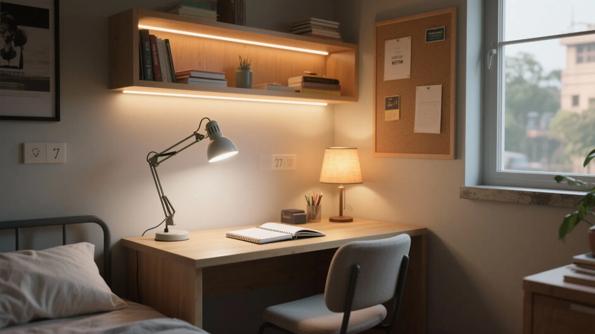 Desk area with a desk lamp table lamp wall shelf and notebook under warm white light