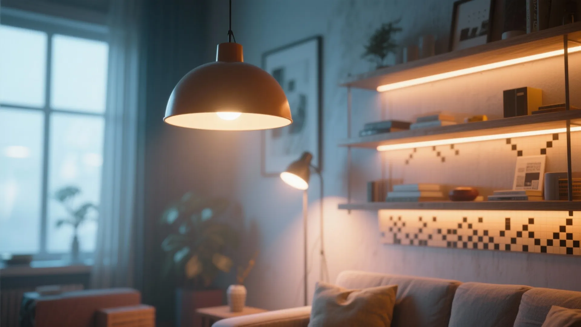 Cozy living room with warm ceiling light floor lamp and shelves decorated with glowing lights