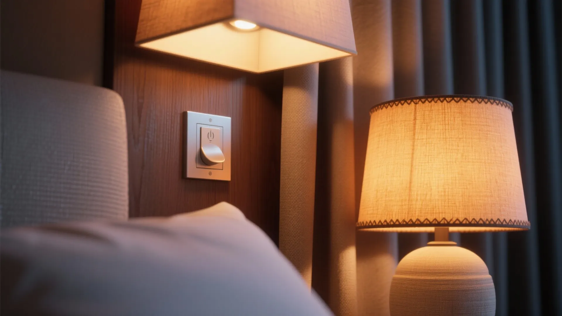 Warm bedroom lighting with wall light switch table lamp and soft glow on wooden furniture