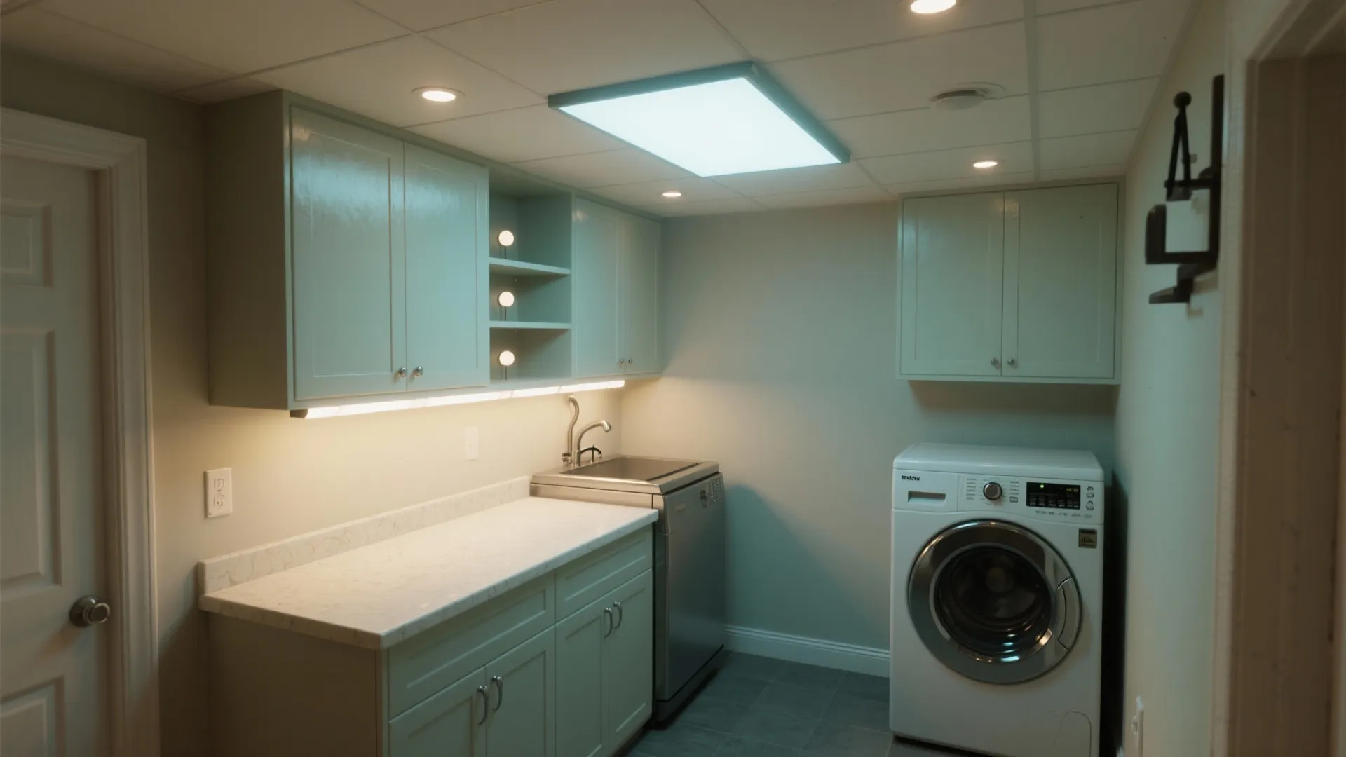 Modern laundry room with green cabinets white marble countertop washing machine and bright square ceiling light