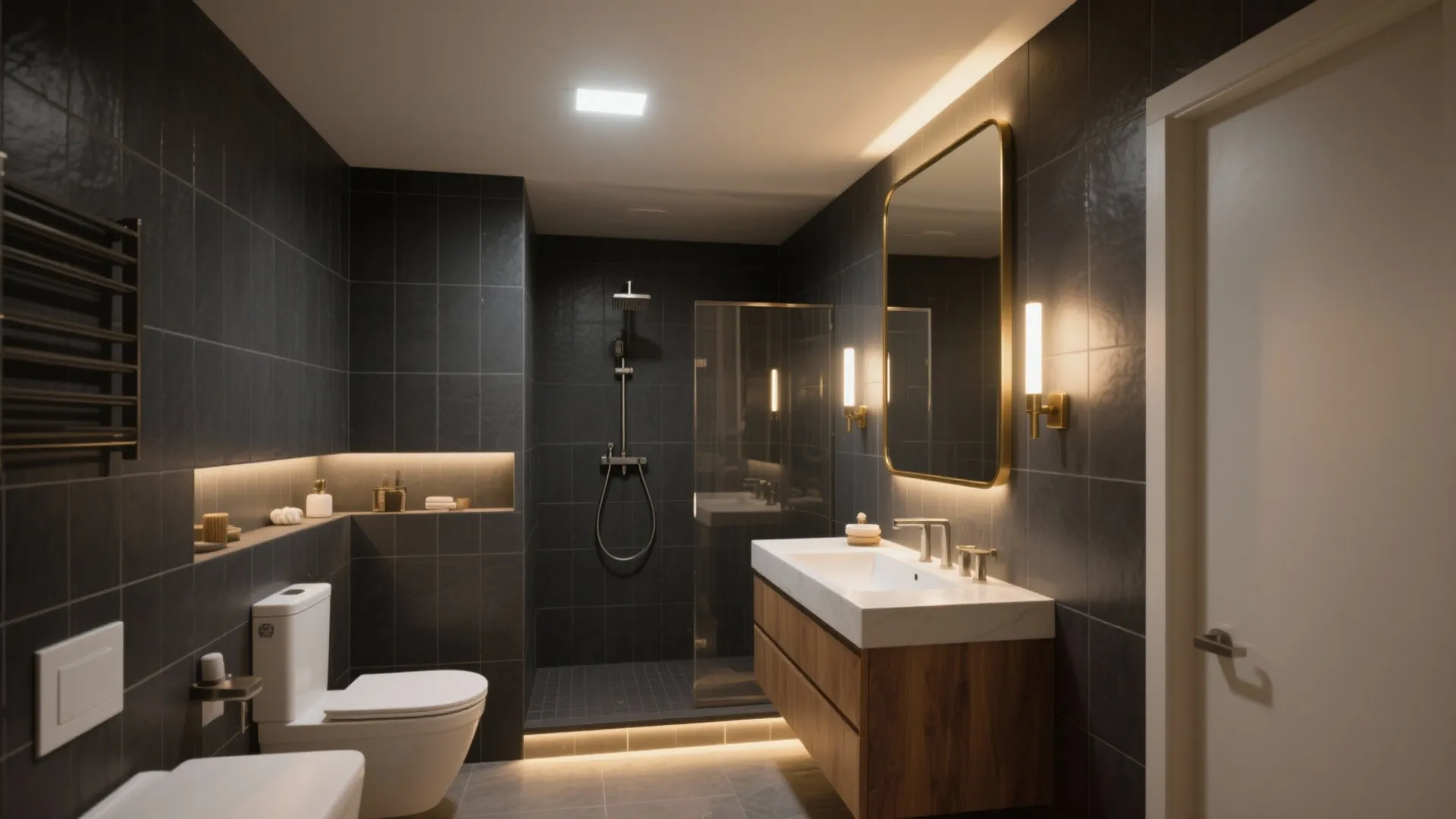 Modern dark bathroom with wooden cabinet white sink toilet glass shower door and warm wall lights
