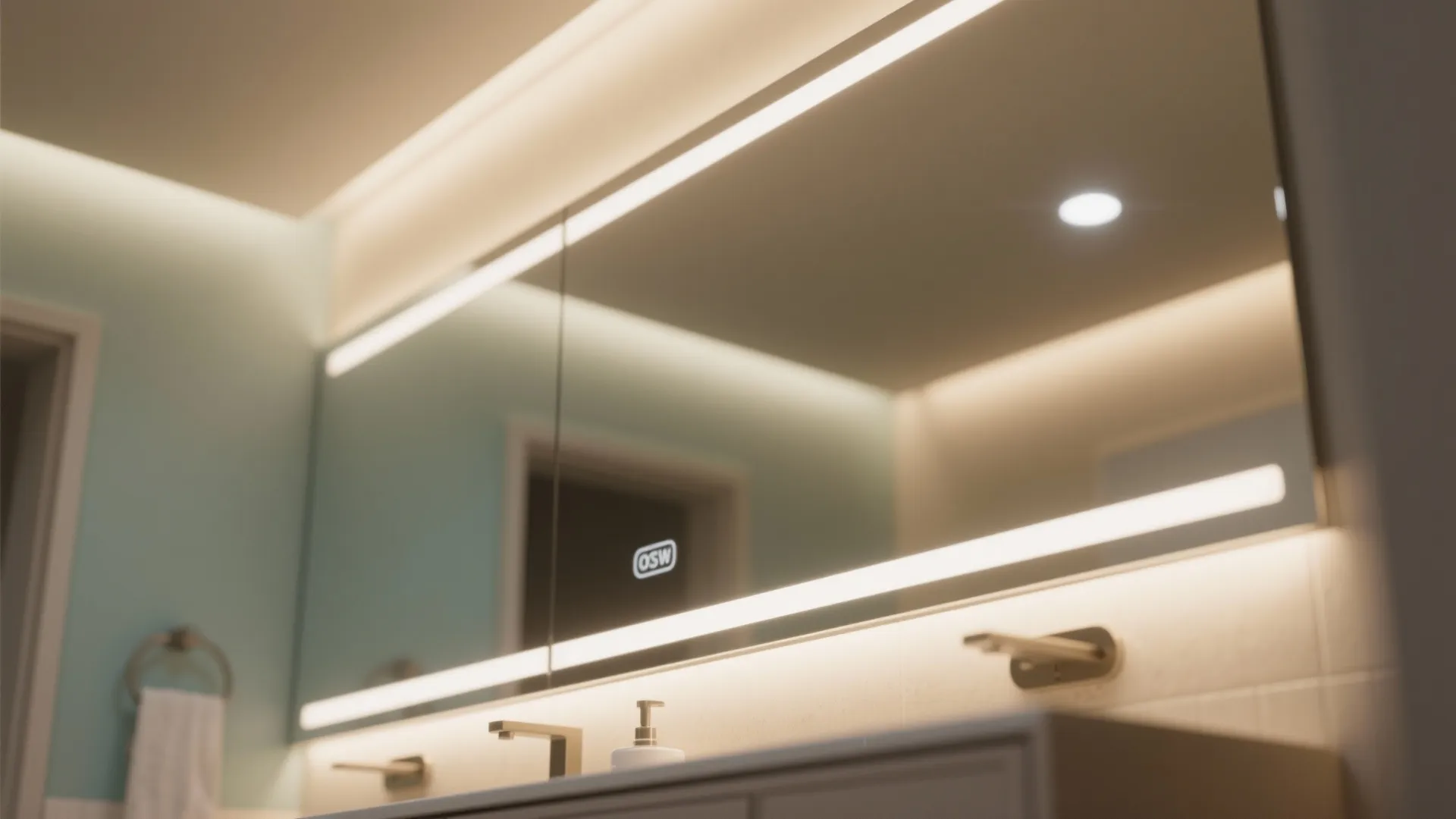 Modern bathroom mirror with bright horizontal light fixture reflecting a warm ceiling light and wall