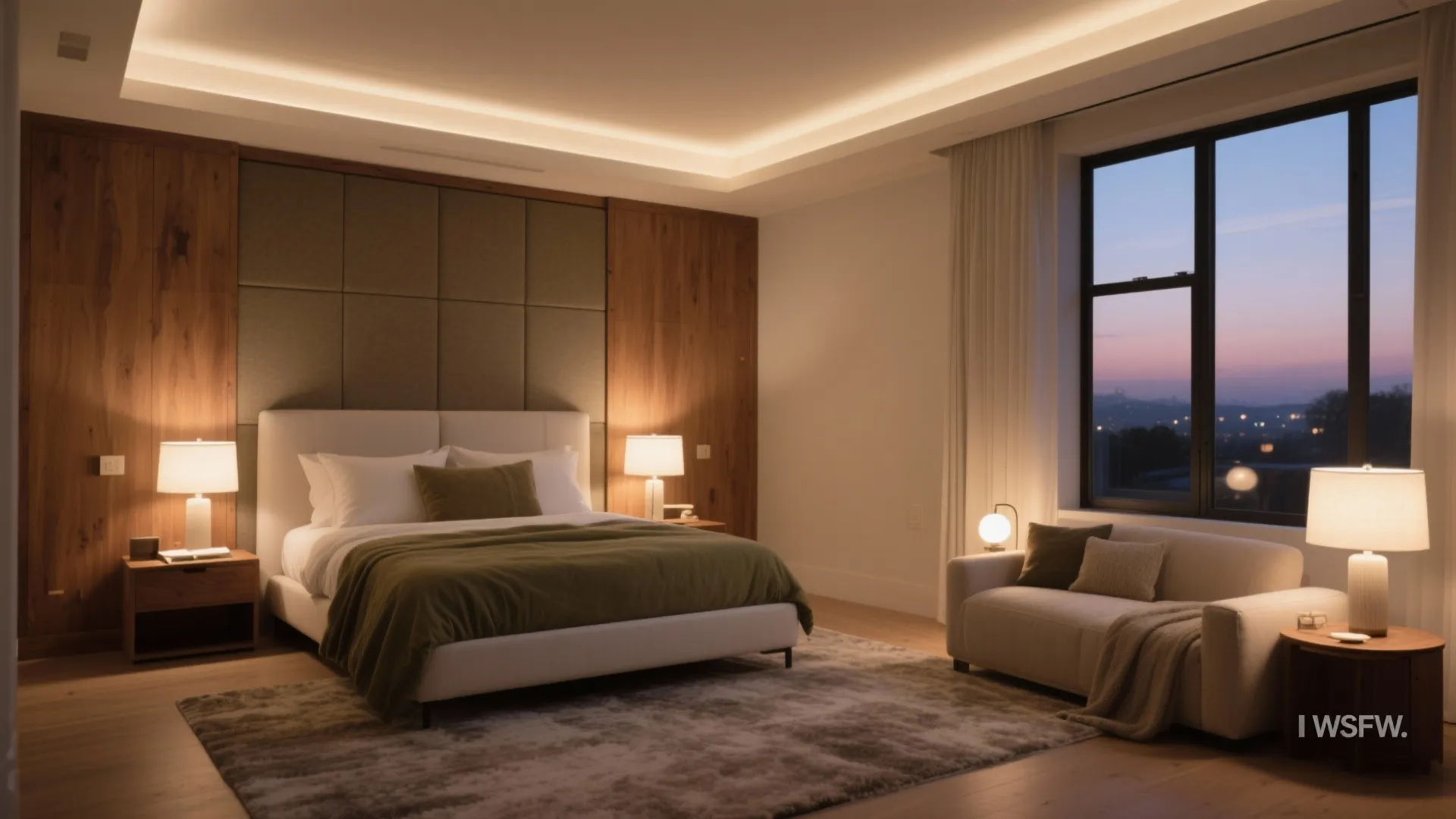 Modern bedroom with warm ceiling light wooden wall panels green bed and small sofa near window