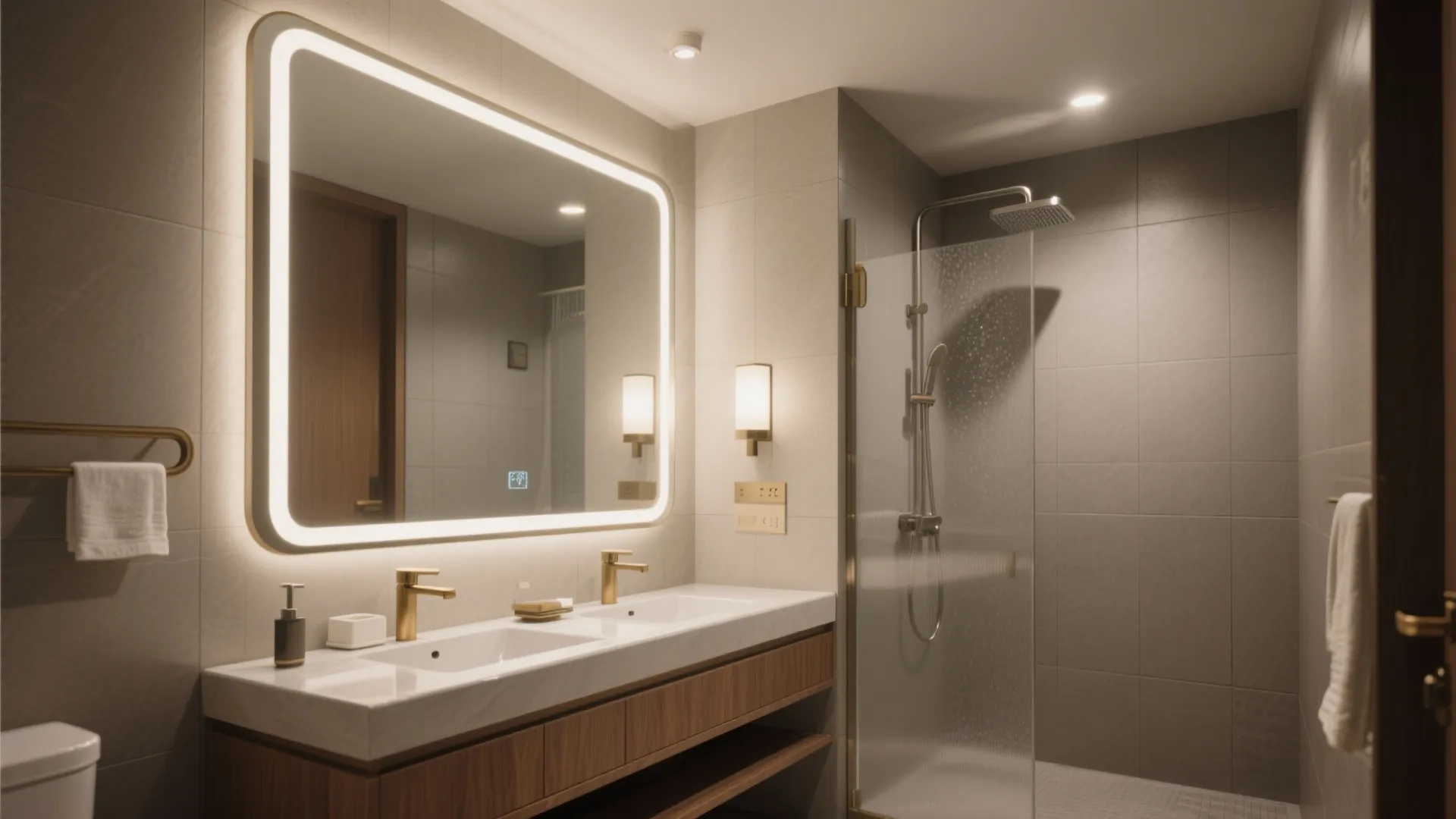 Modern bathroom with double sink vanity backlit mirror glass shower door and warm wall light fixtures