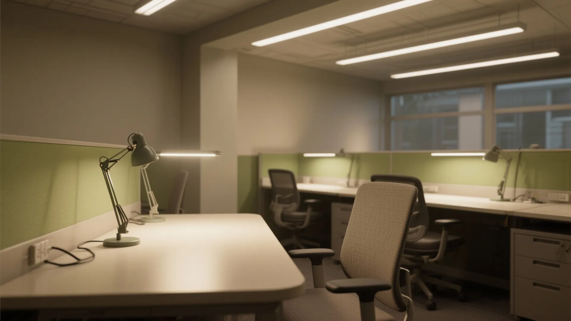 Office workstation with a green desk lamp white tabletop grey chairs and warm ceiling lights