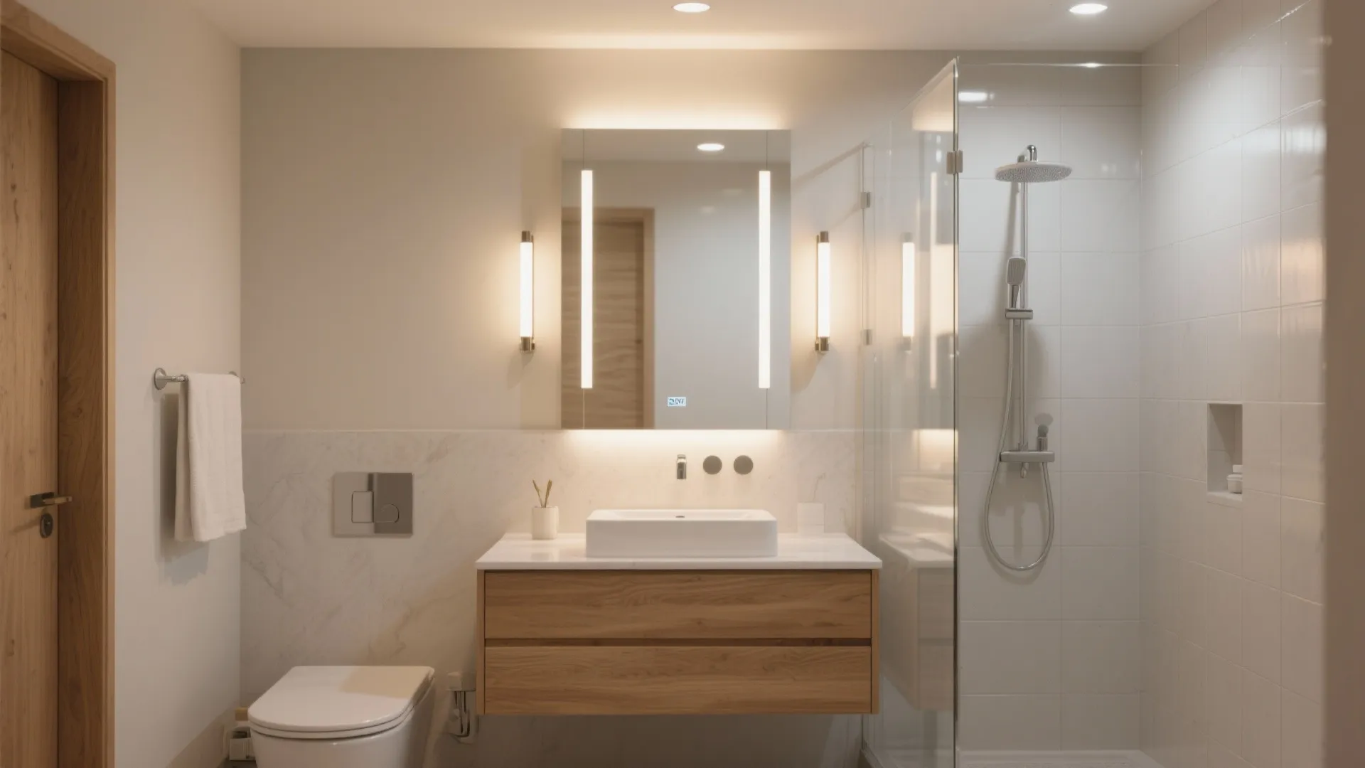 Modern bathroom with glowing mirror lights wood cabinet white sink toilet and glass shower door