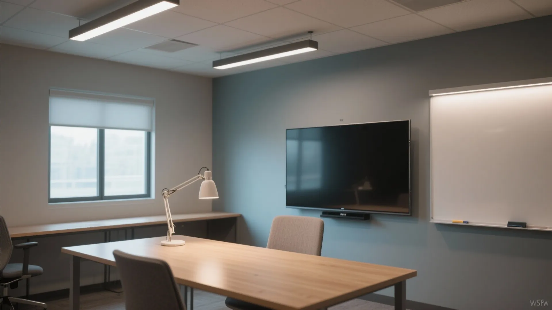 Modern office meeting room featuring a wooden table chairs television screen whiteboard and ceiling light