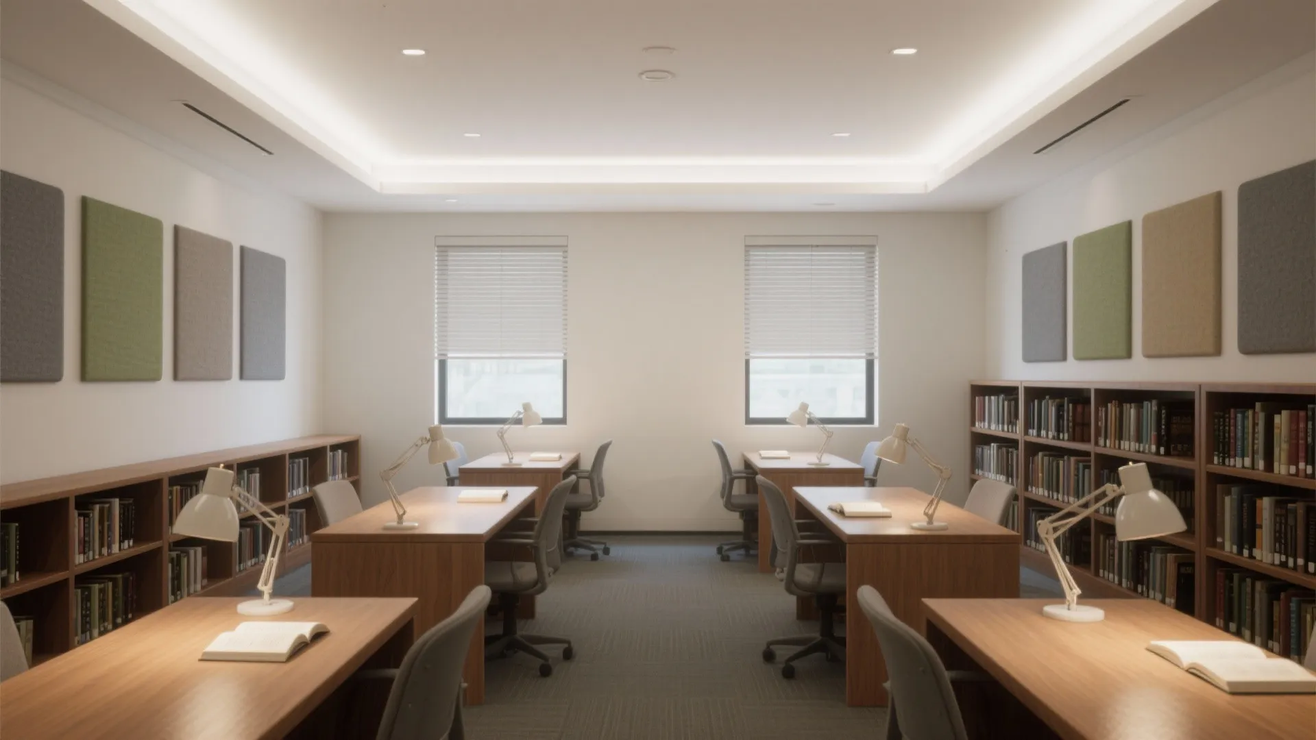 Modern library study room with wooden desks grey chairs book cabinets and warm ceiling light fixtures