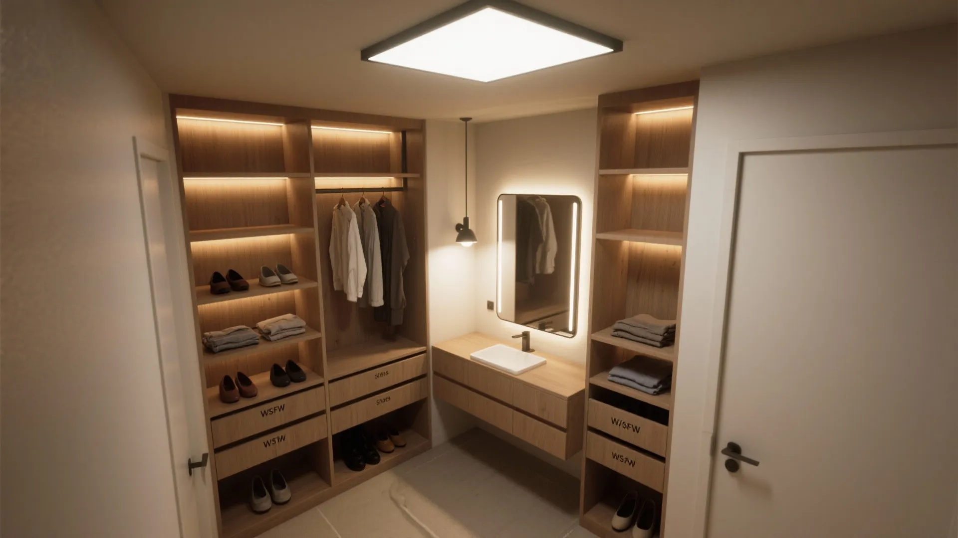 Modern walk-in closet featuring wooden shelves with built-in light strips a sink and a mirror