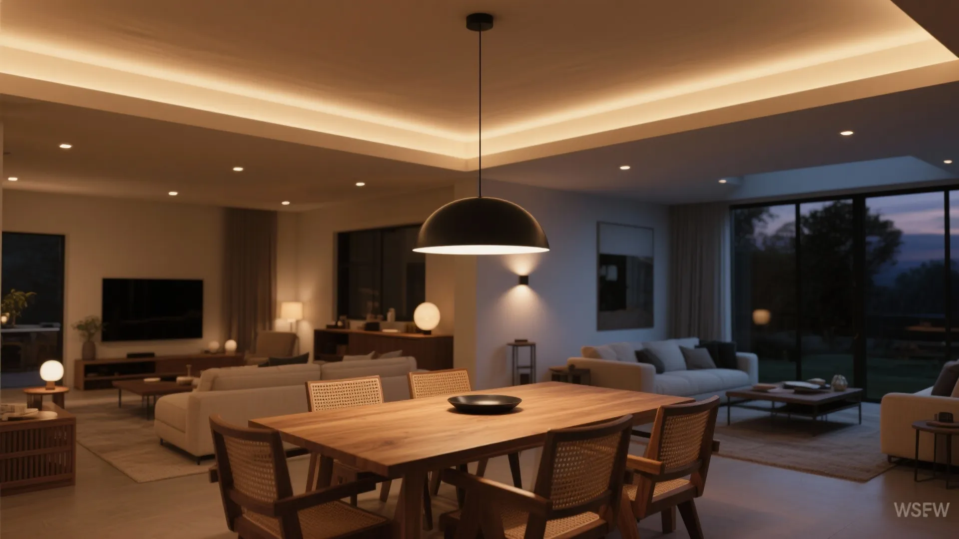 4) Layered lighting + ceiling tricks that amplify space