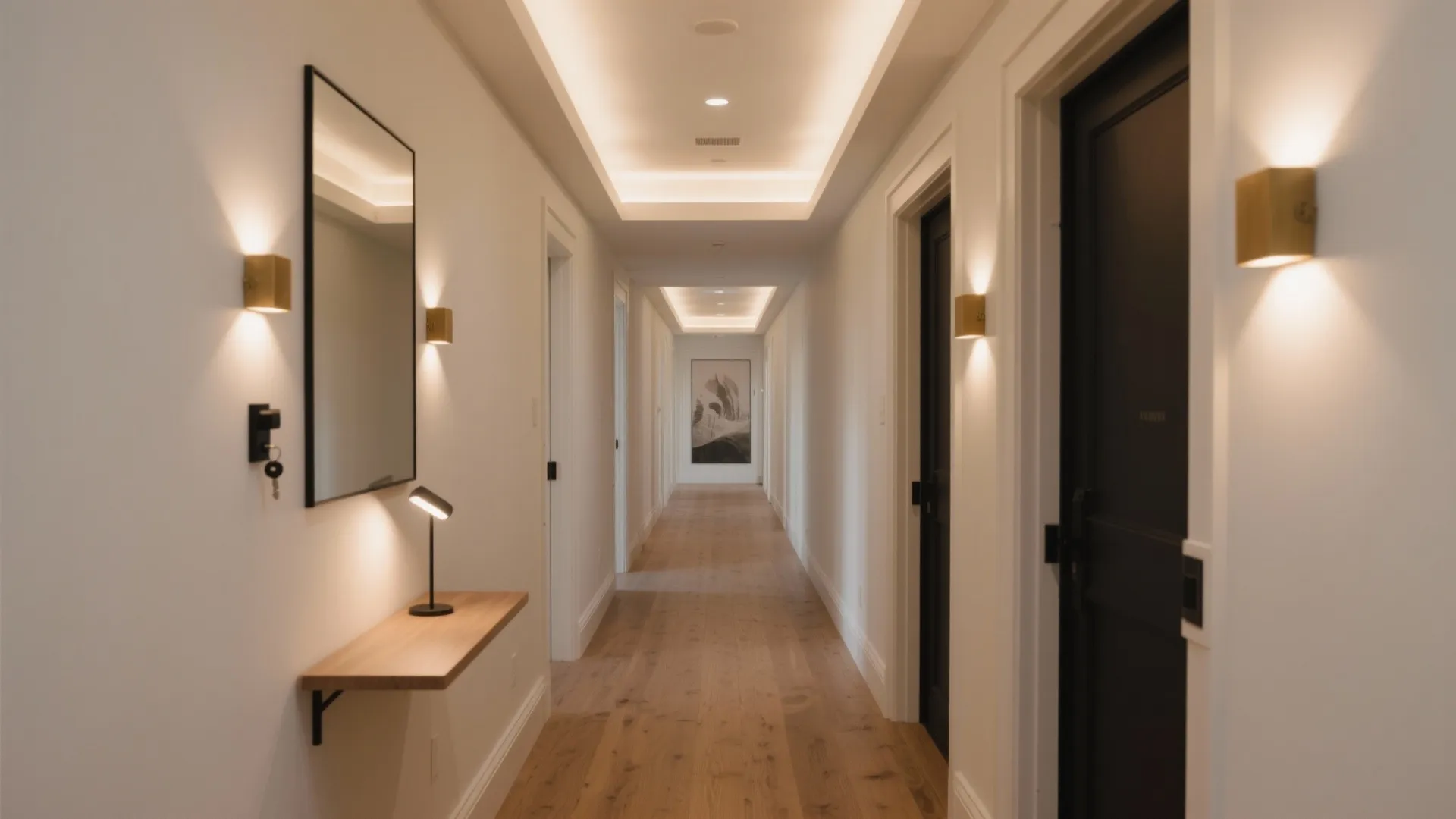 Long hallway with wooden floor warm wall lights mirror and shelf leading to artwork display