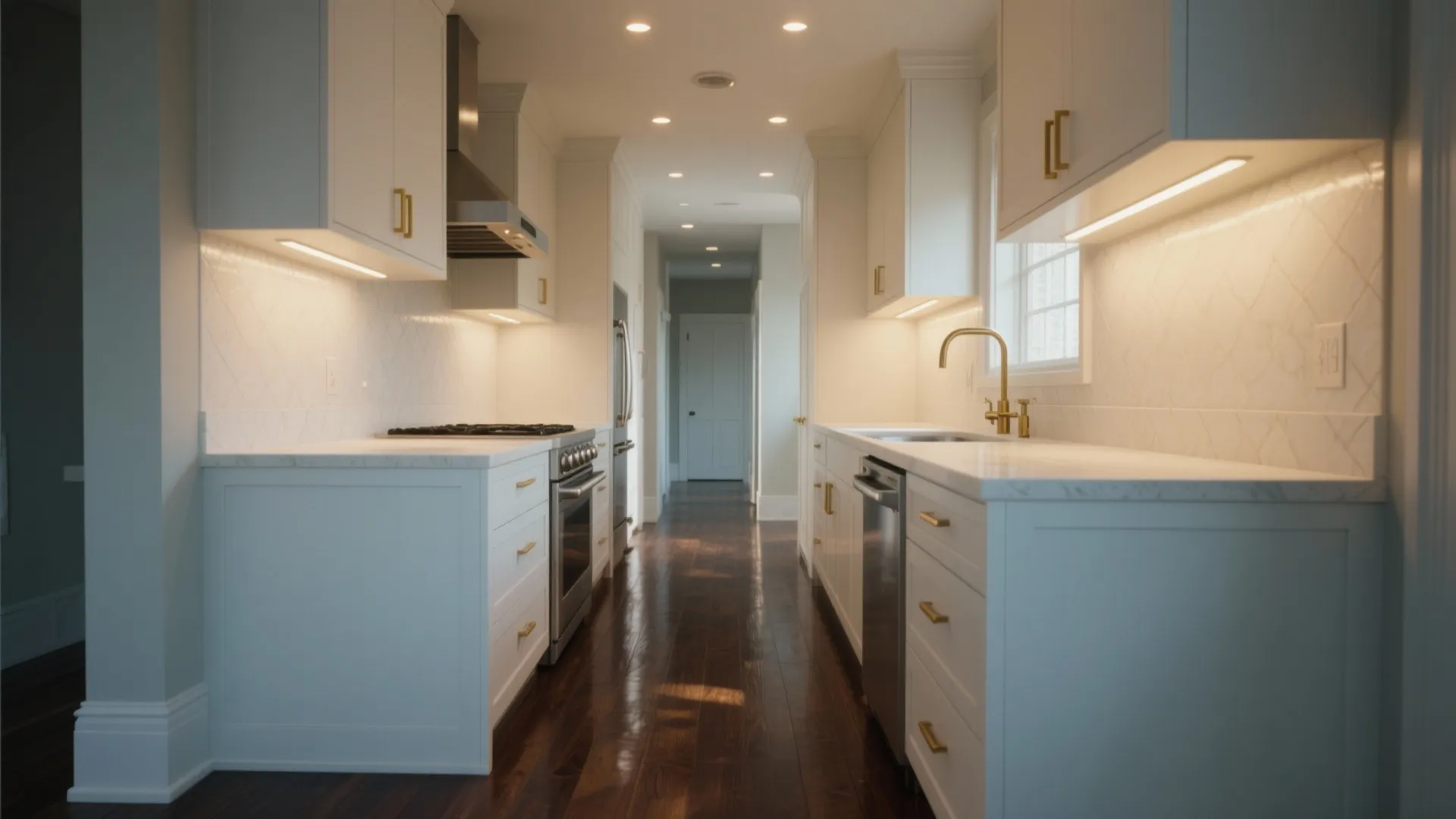 Modern white kitchen with gold handles under cabinet lighting dark wood floors and narrow hallway view